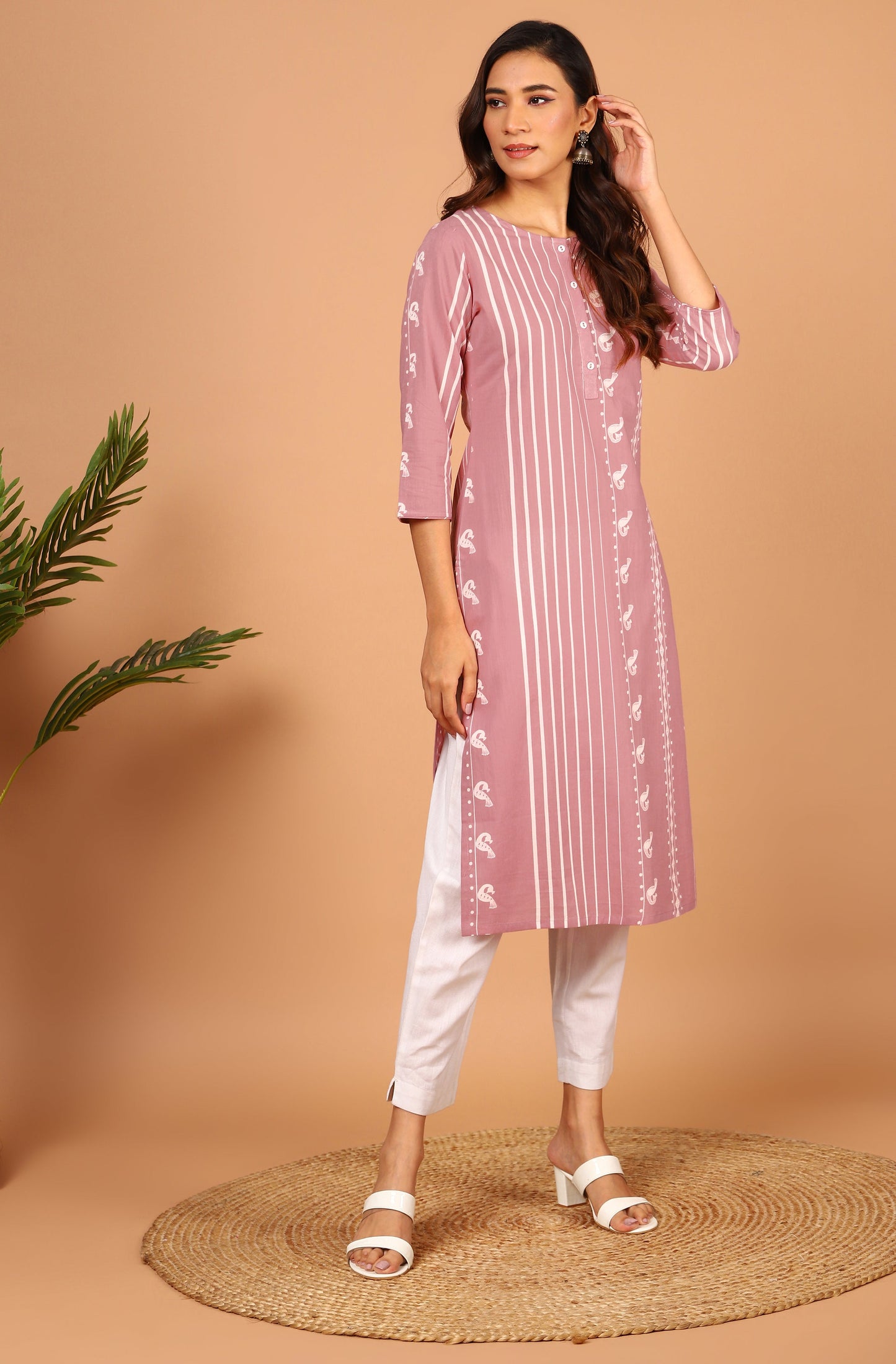 Janasya Pastel Pink Cotton Ethnic Motifs Straight kurta - Swadesiicart