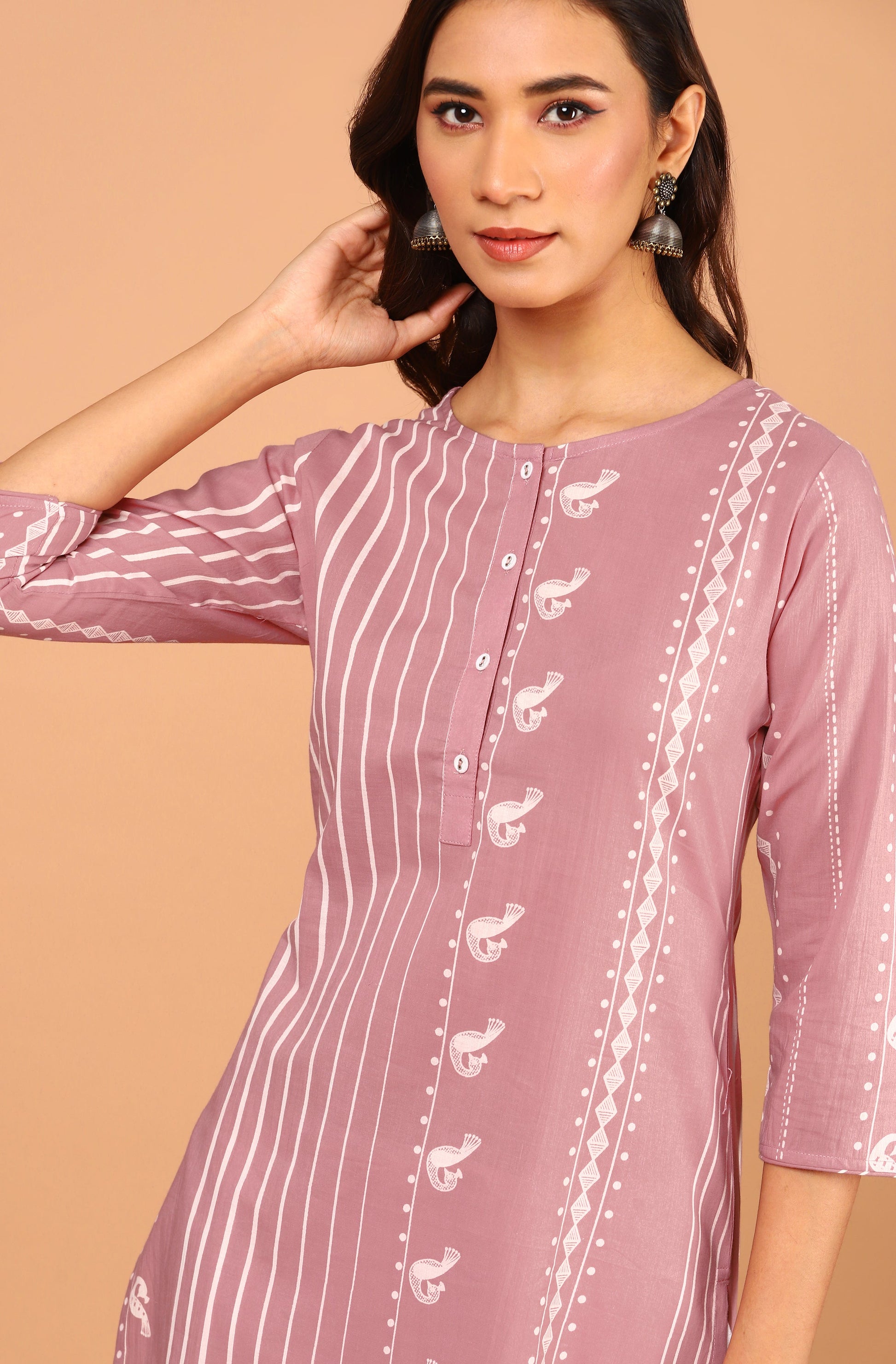 Janasya Pastel Pink Cotton Ethnic Motifs Straight kurta - Swadesiicart