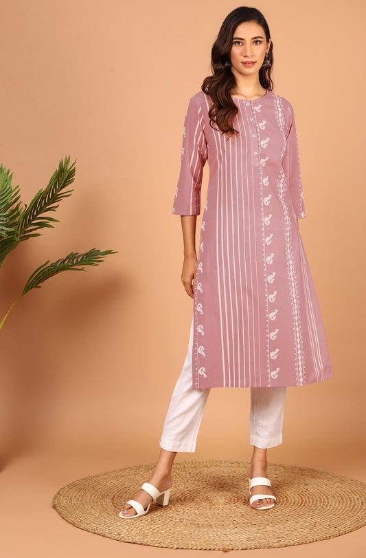 Janasya Pastel Pink Cotton Ethnic Motifs Straight kurta - Swadesiicart