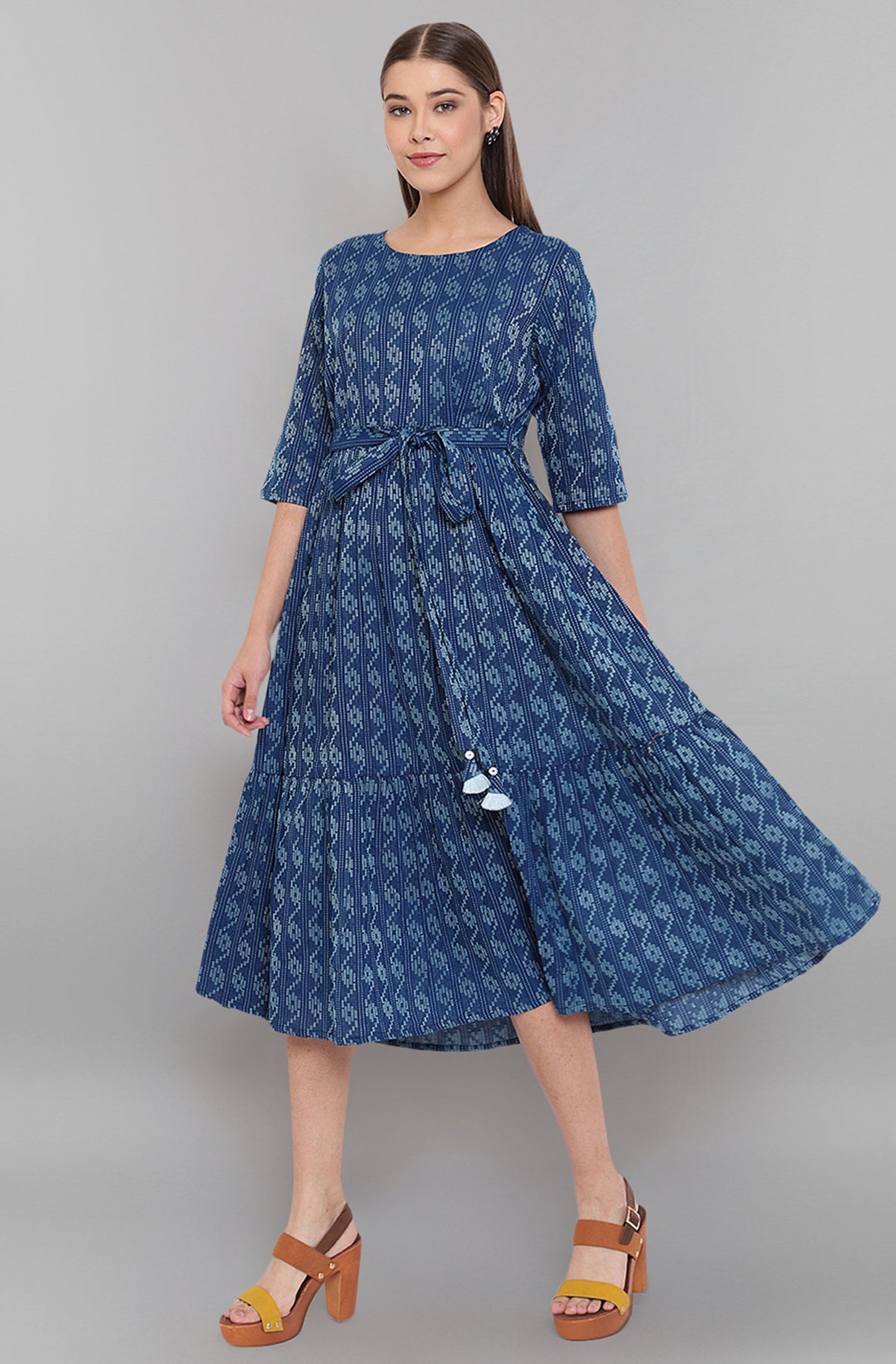 Janasya Blue Cotton Woven Design Flared Casual Dress | Swadesiicart