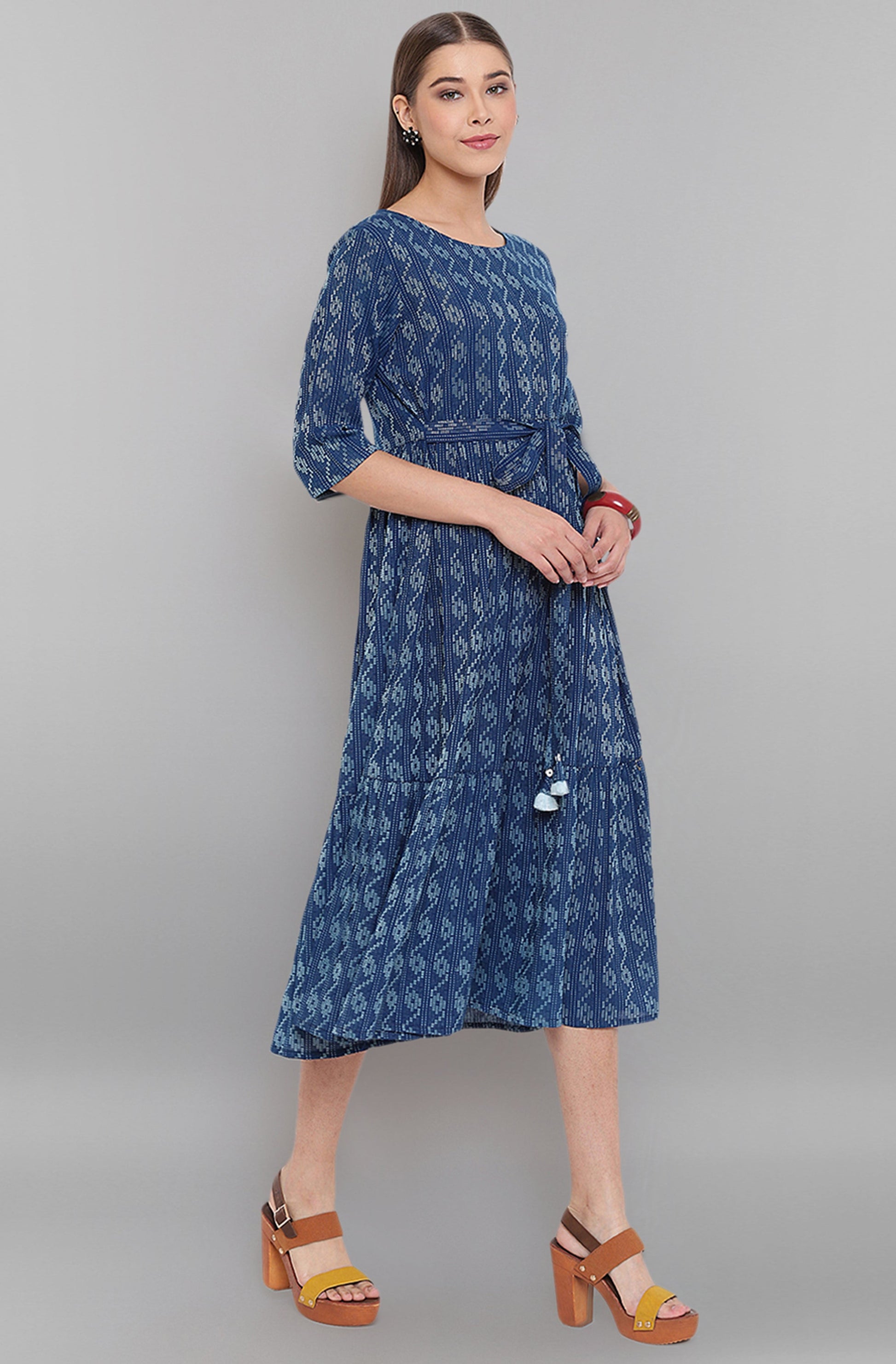Janasya Blue Cotton Woven Design Flared Casual Dress | Swadesiicart