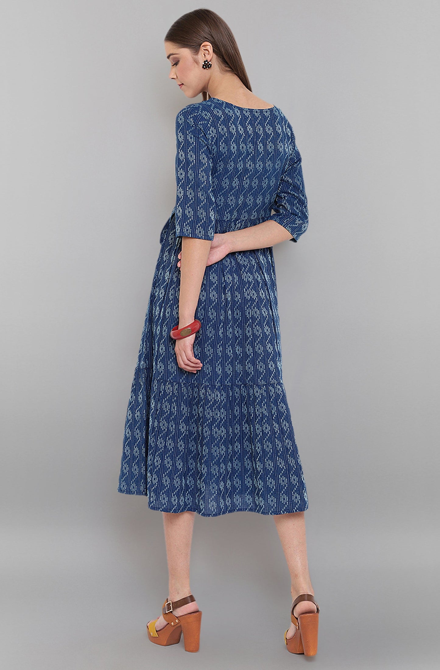 Janasya Blue Cotton Woven Design Flared Casual Dress | Swadesiicart