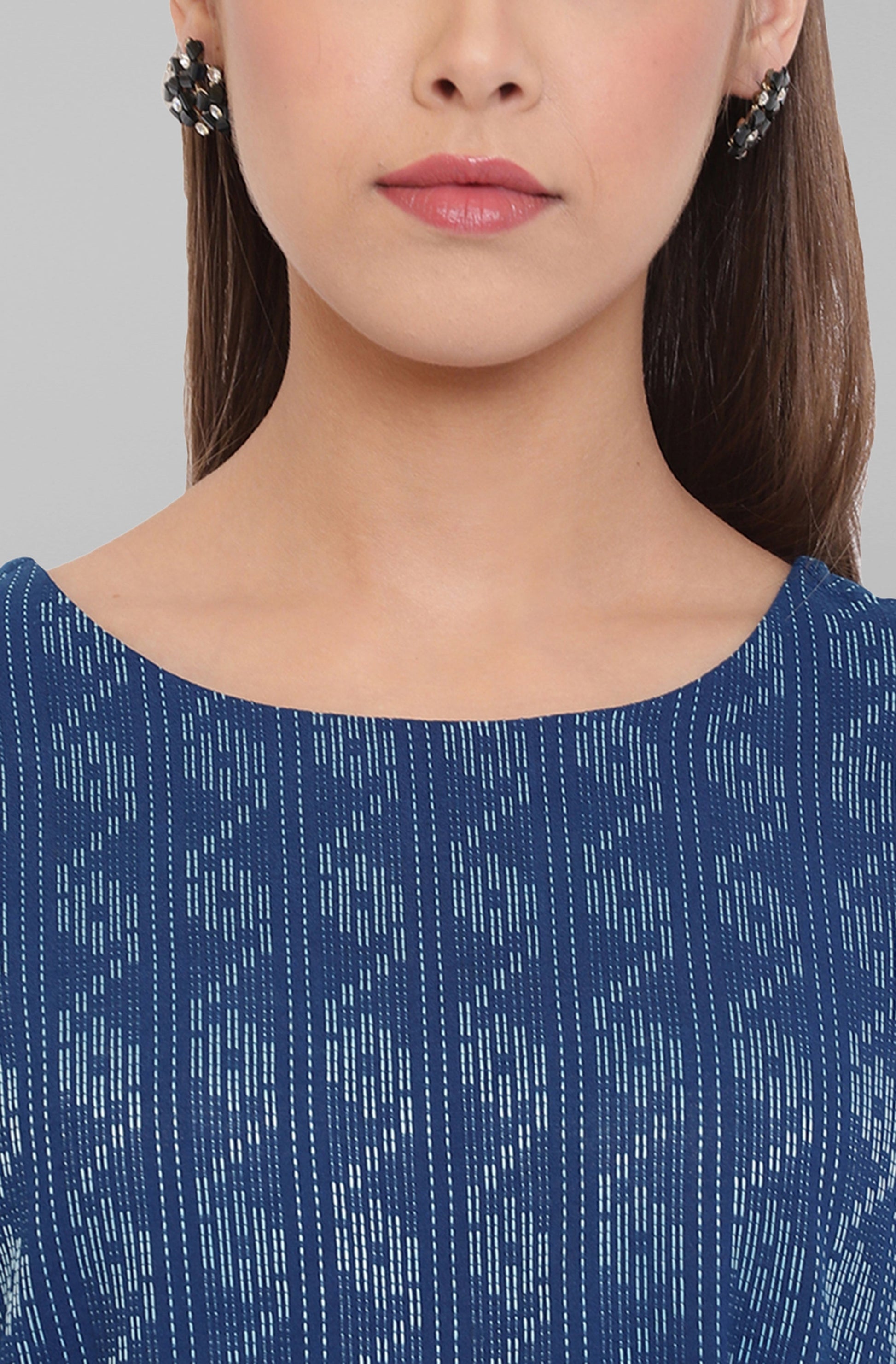 Janasya Blue Cotton Woven Design Flared Casual Dress | Swadesiicart