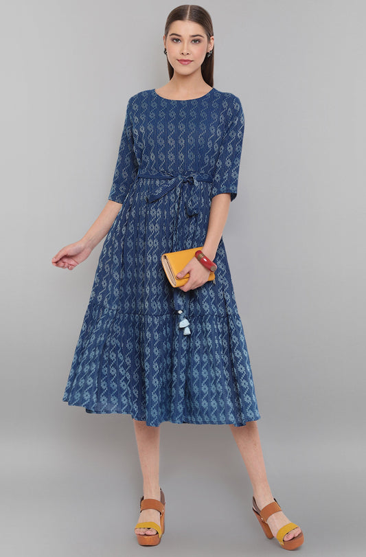 Janasya Blue Cotton Woven Design Flared Casual Dress | Swadesiicart