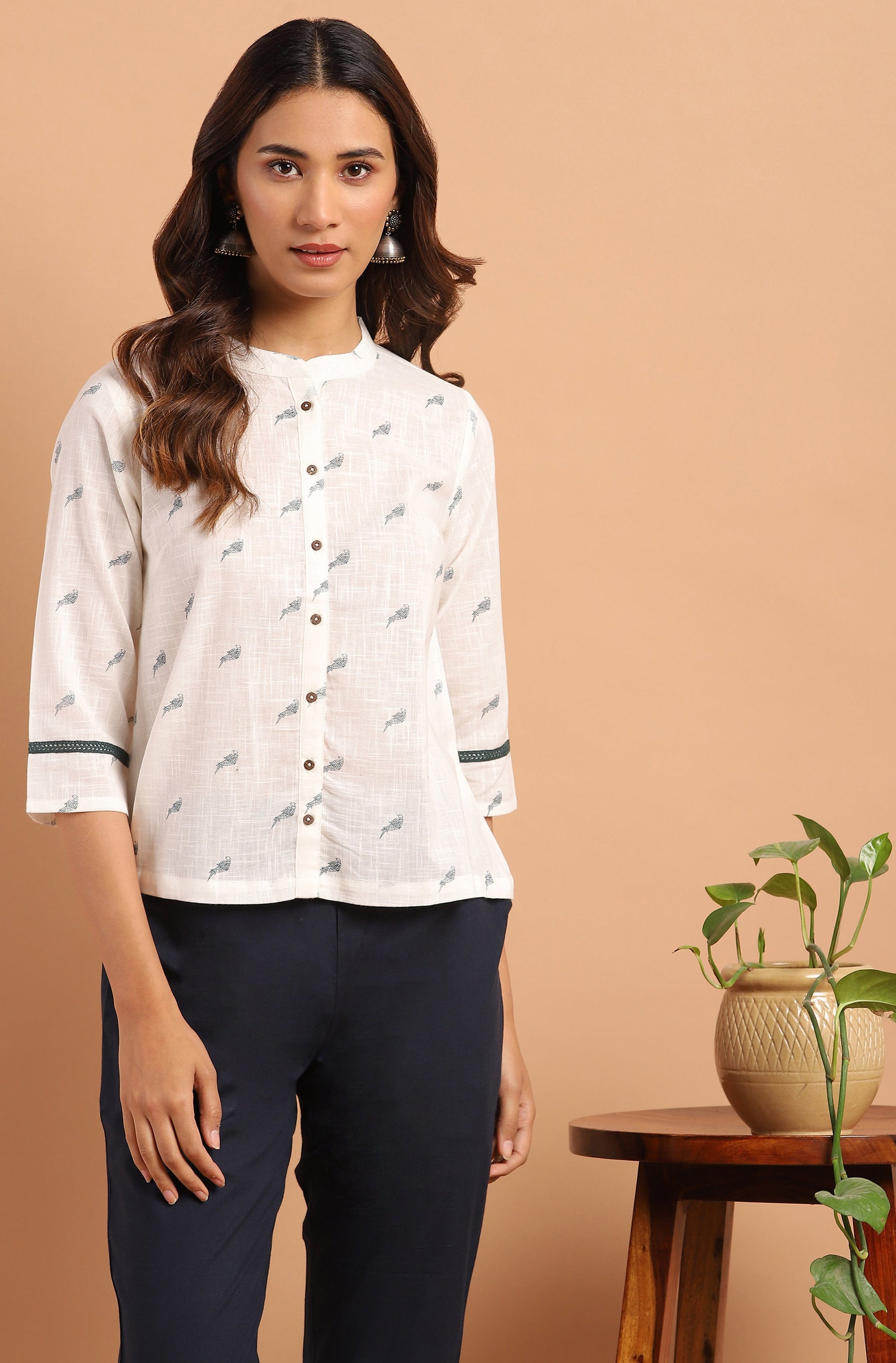 Janasya Women's Off White Cotton Slub Animal Print Shirt Style Top | Swadesiicart