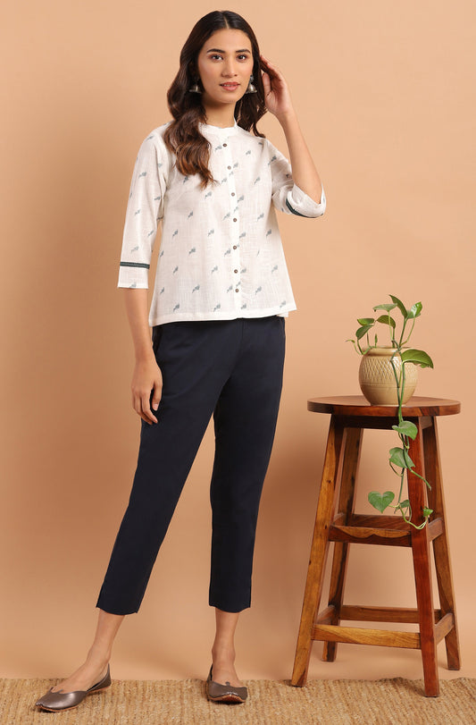 Janasya Women's Off White Cotton Slub Animal Print Shirt Style Top | Swadesiicart