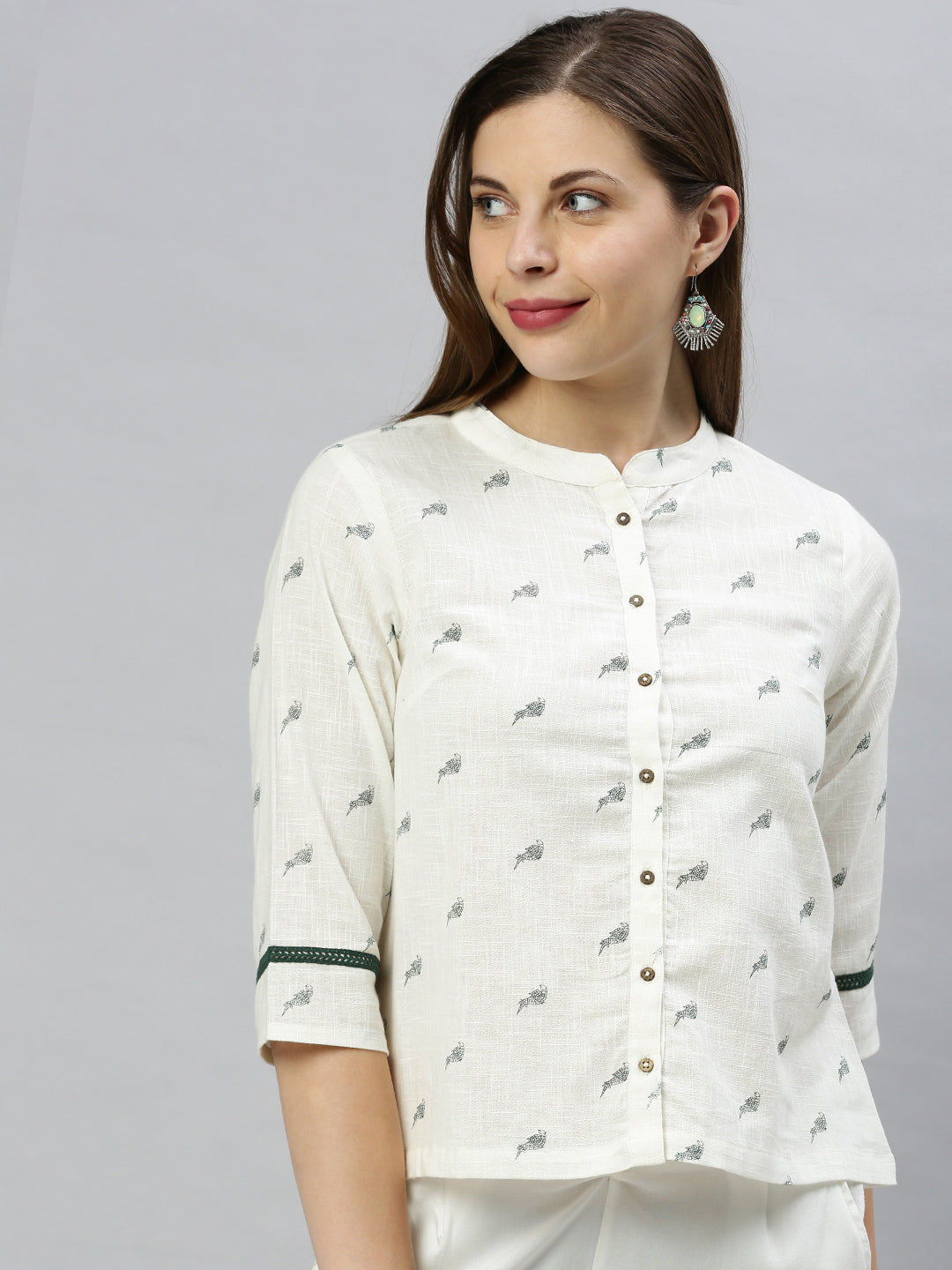 Janasya Women's Off White Cotton Slub Animal Print Shirt Style Top | Swadesiicart