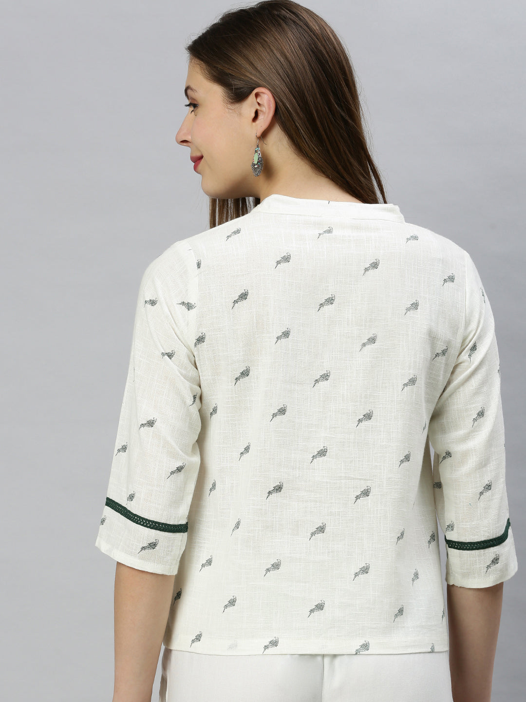 Janasya Women's Off White Cotton Slub Animal Print Shirt Style Top | Swadesiicart