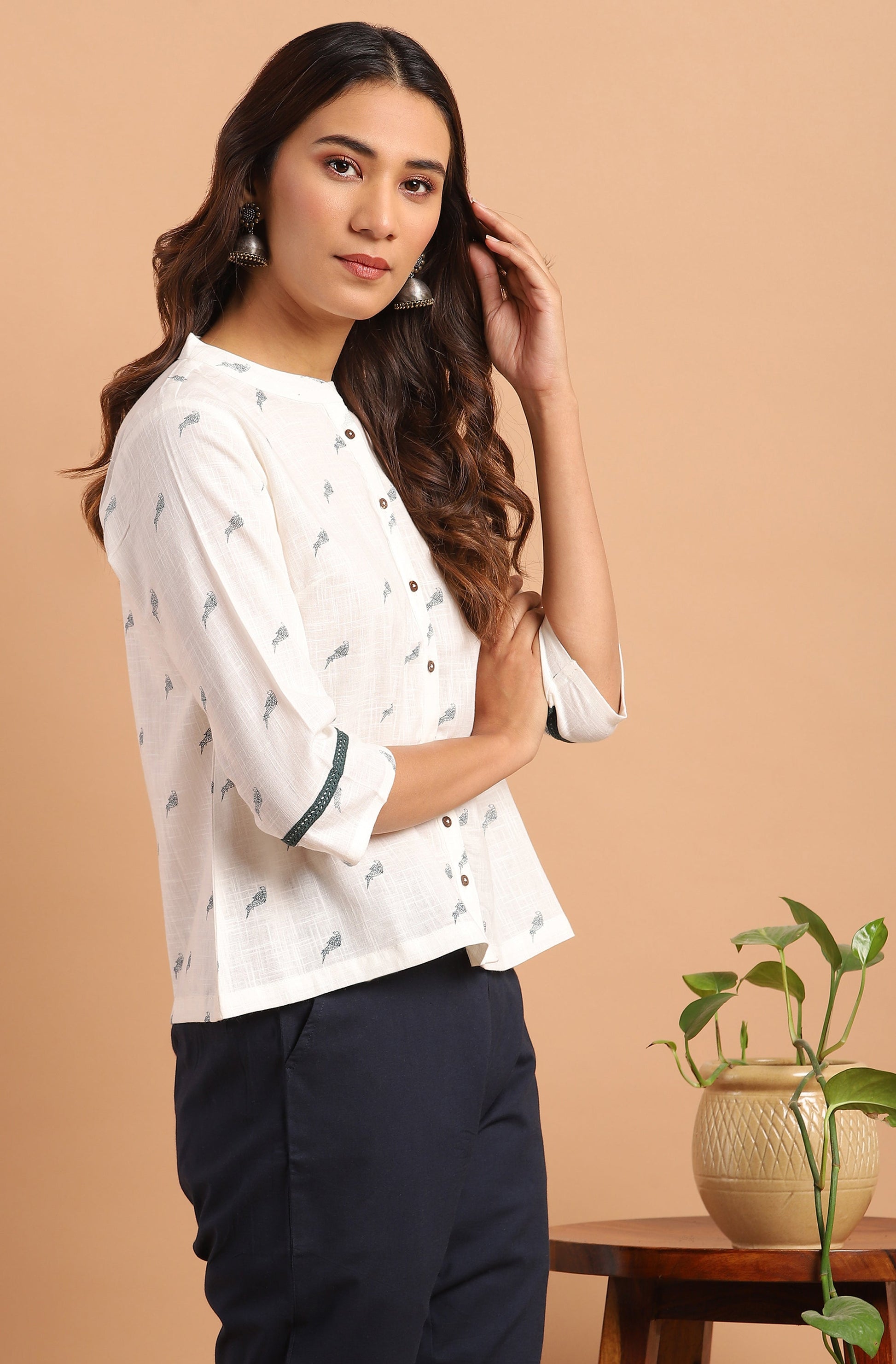 Janasya Women's Off White Cotton Slub Animal Print Shirt Style Top | Swadesiicart