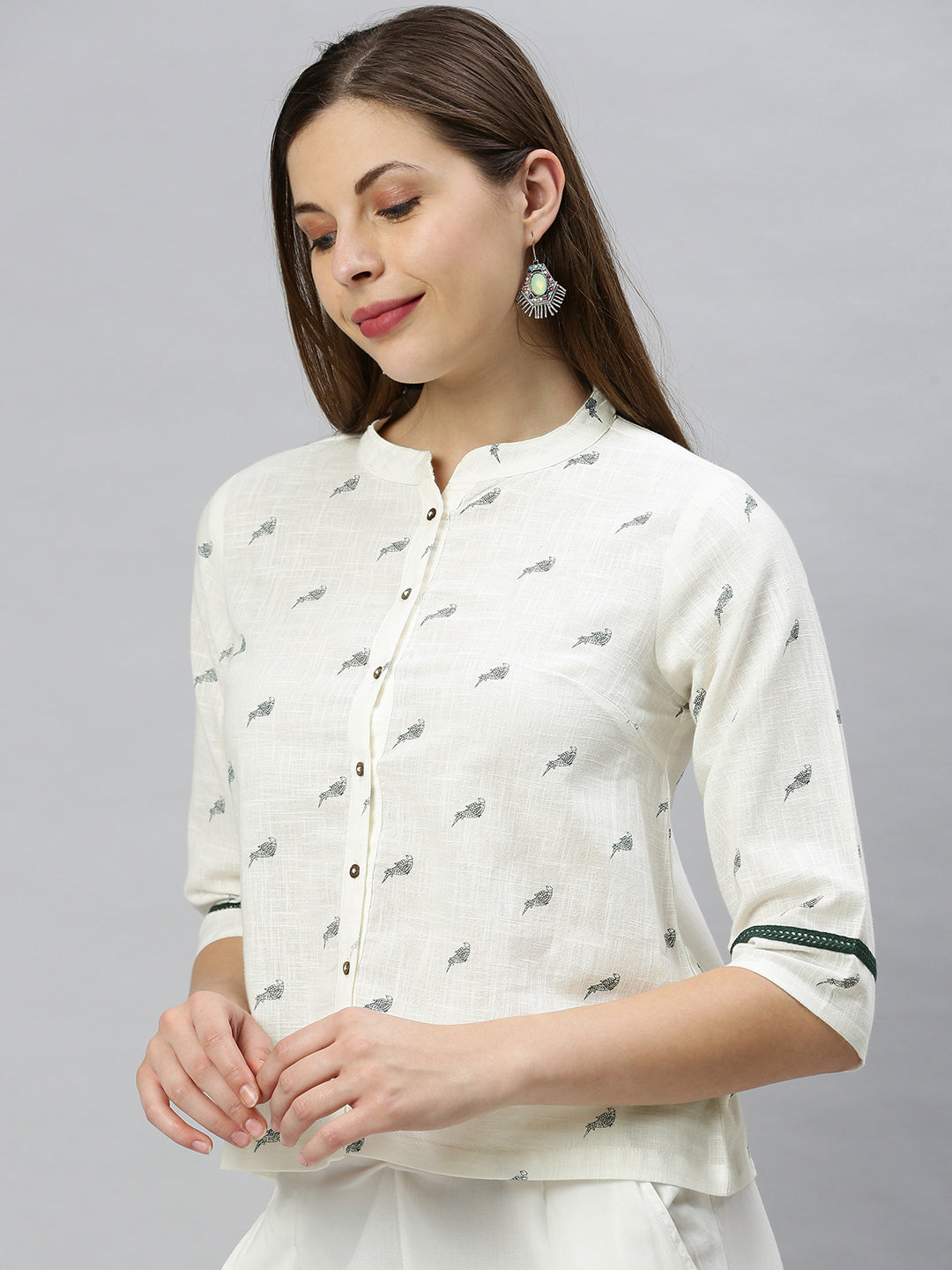 Janasya Women's Off White Cotton Slub Animal Print Shirt Style Top | Swadesiicart
