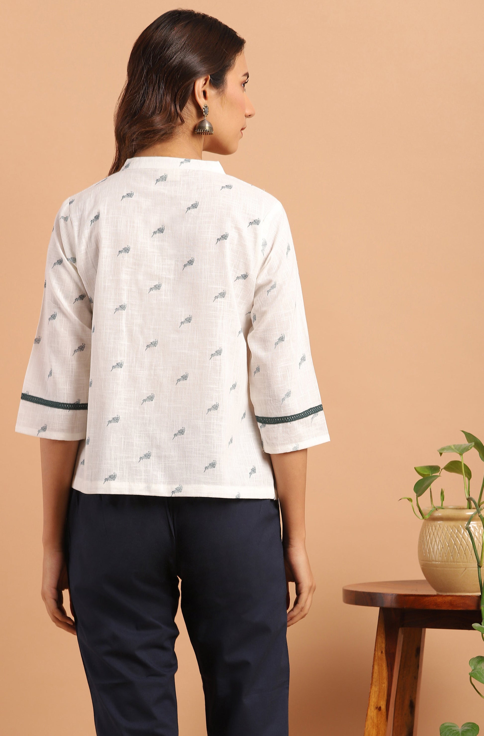 Janasya Women's Off White Cotton Slub Animal Print Shirt Style Top | Swadesiicart