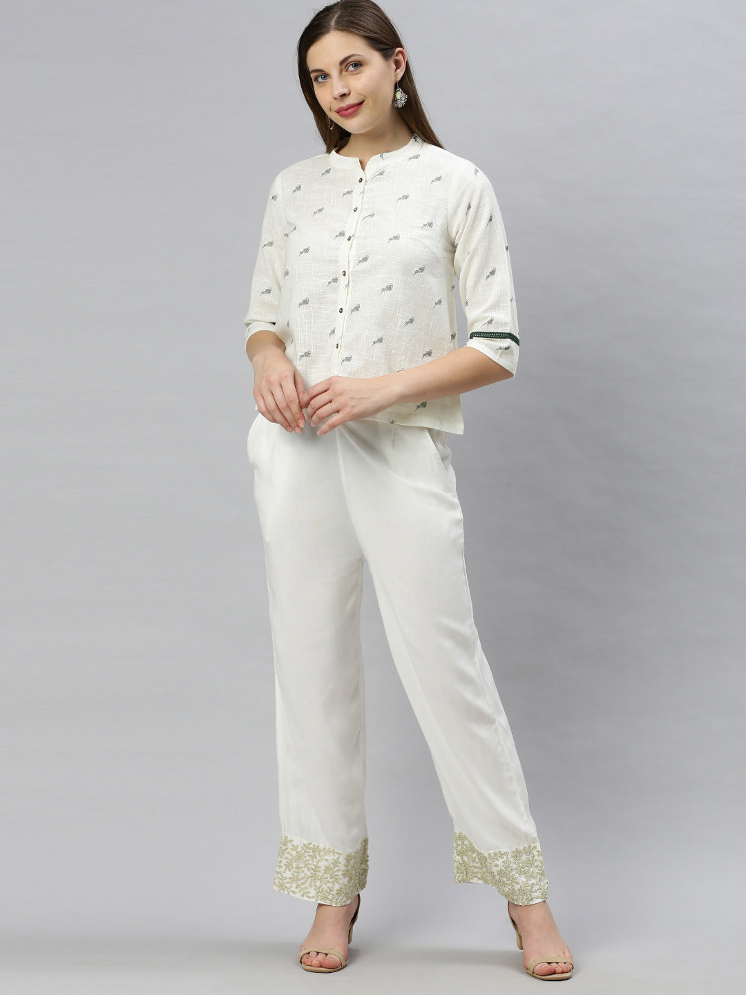 Janasya Women's Off White Cotton Slub Animal Print Shirt Style Top | Swadesiicart