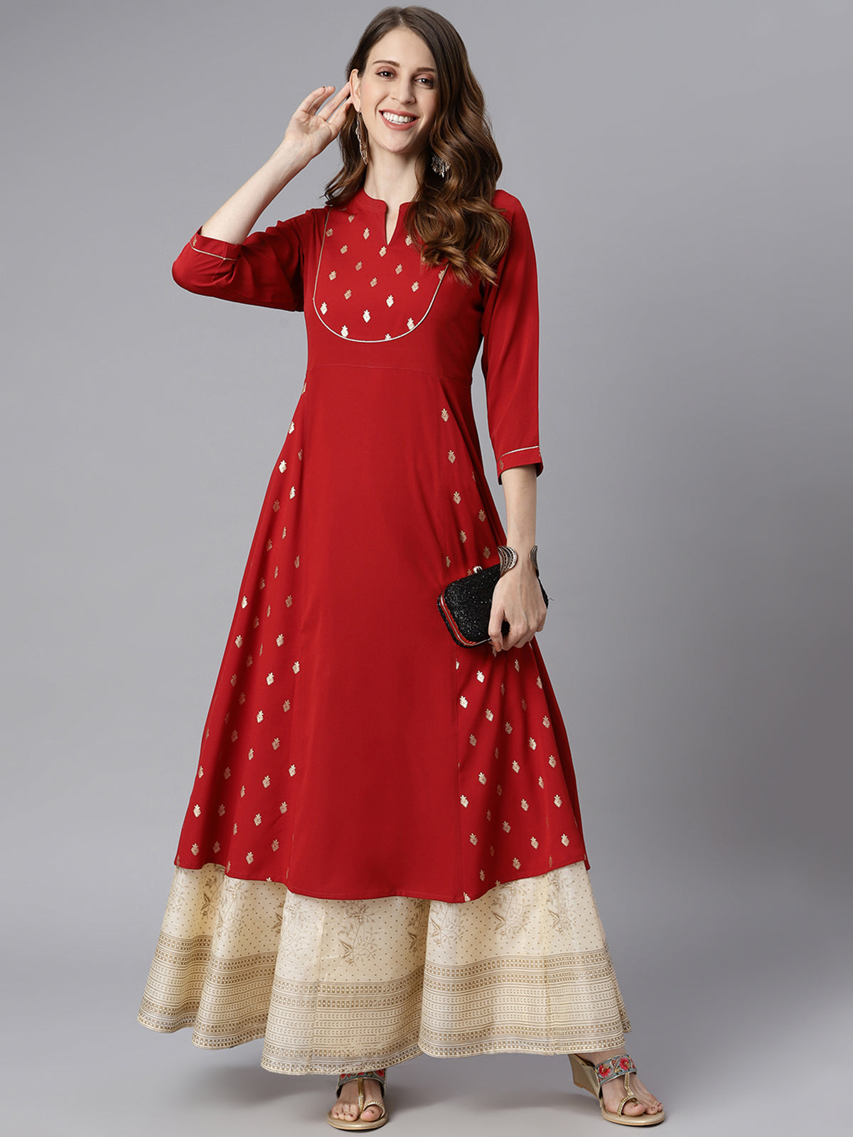 Janasya Maroon Poly Crepe Ethnic Motifs A-line kurta | Swadesiicart