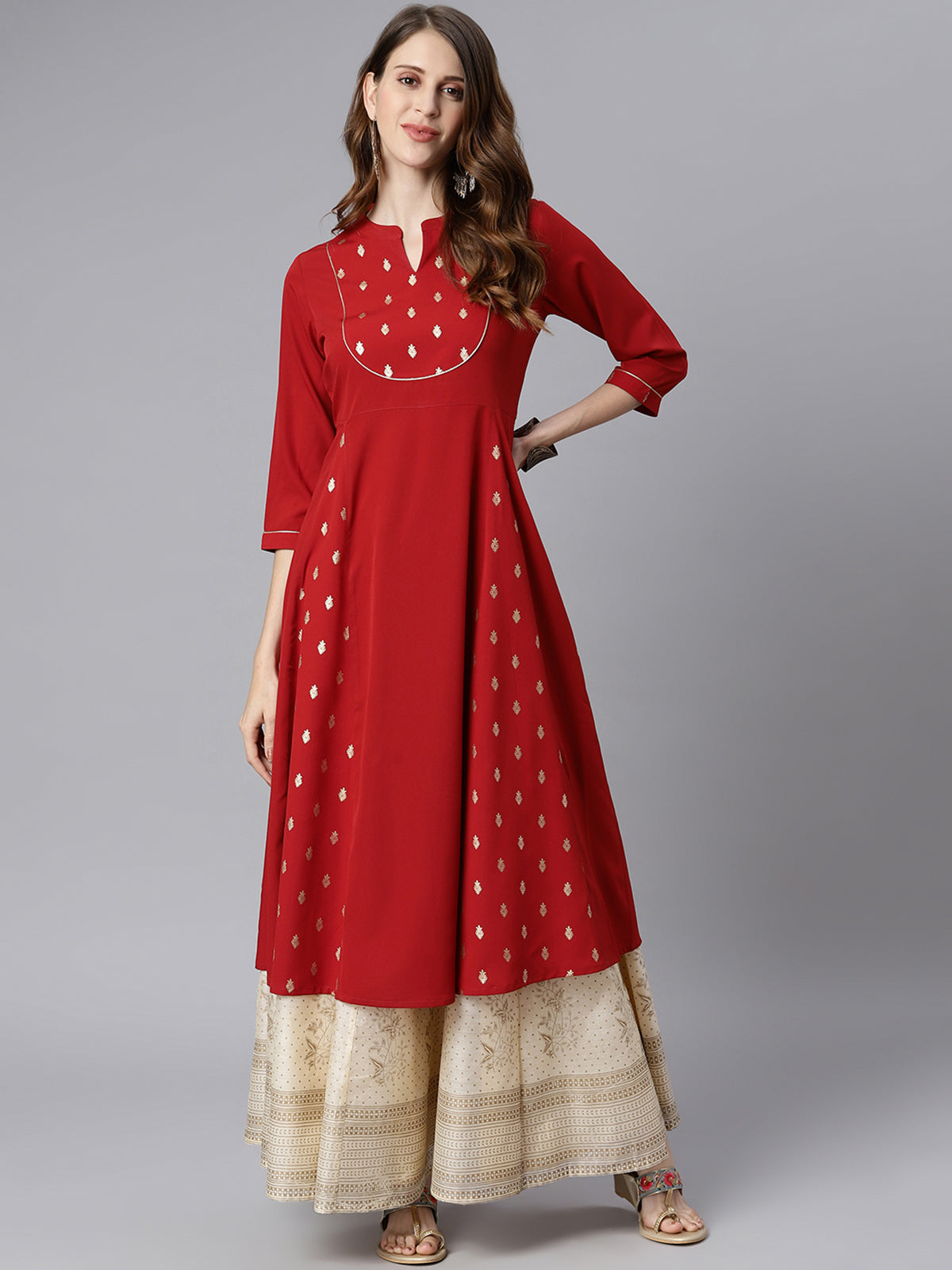Janasya Maroon Poly Crepe Ethnic Motifs A-line kurta | Swadesiicart
