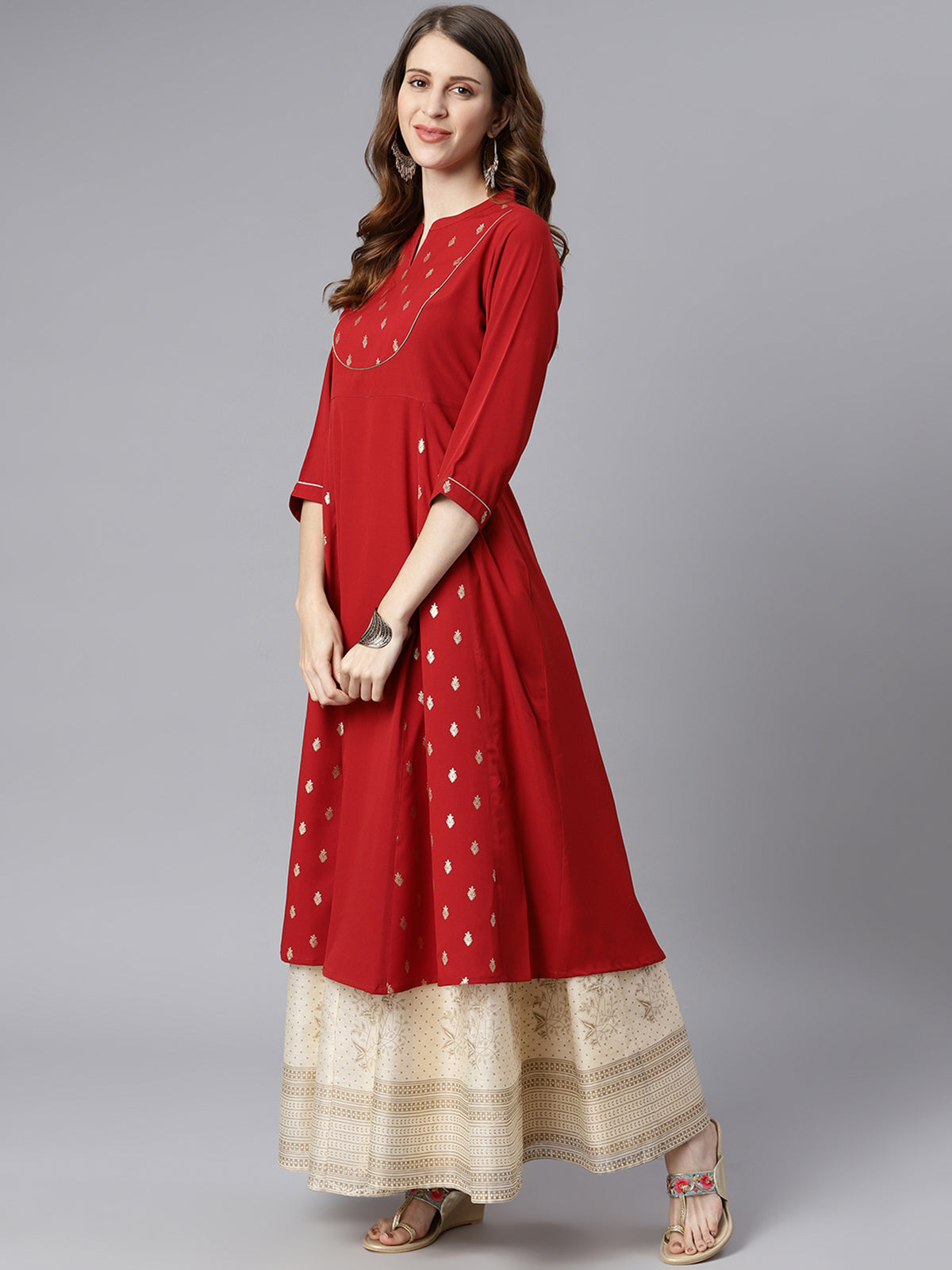 Janasya Maroon Poly Crepe Ethnic Motifs A-line kurta | Swadesiicart