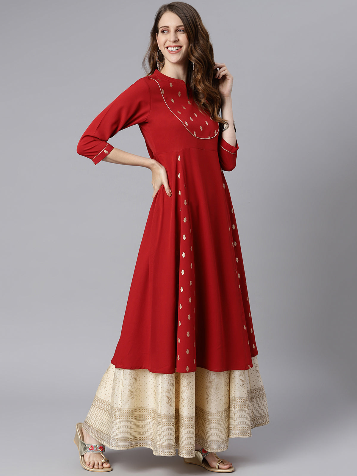 Janasya Maroon Poly Crepe Ethnic Motifs A-line kurta | Swadesiicart