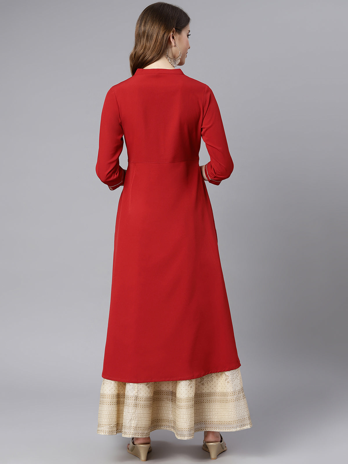 Janasya Maroon Poly Crepe Ethnic Motifs A-line kurta | Swadesiicart
