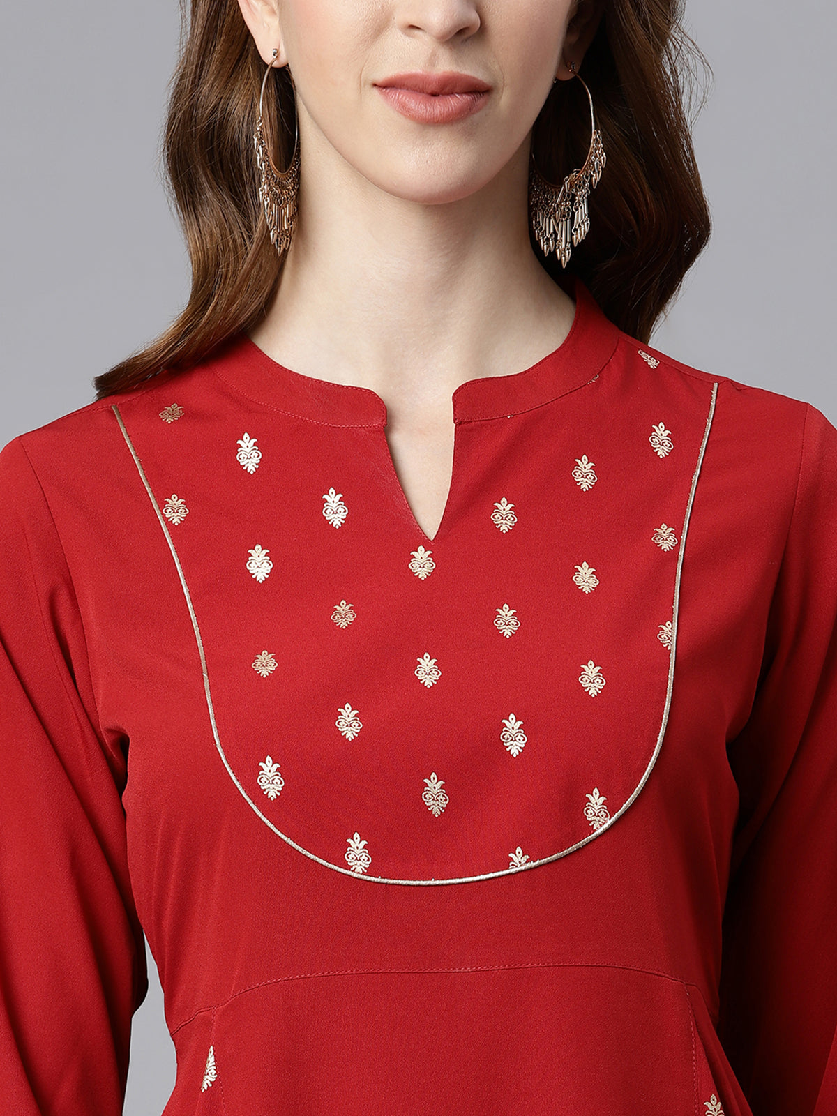 Janasya Maroon Poly Crepe Ethnic Motifs A-line kurta | Swadesiicart