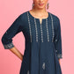 Janasya Women's Navy Blue Cotton Embroidered Trapeze Tunic | Swadesiicart