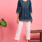Janasya Women's Navy Blue Cotton Embroidered Trapeze Tunic | Swadesiicart