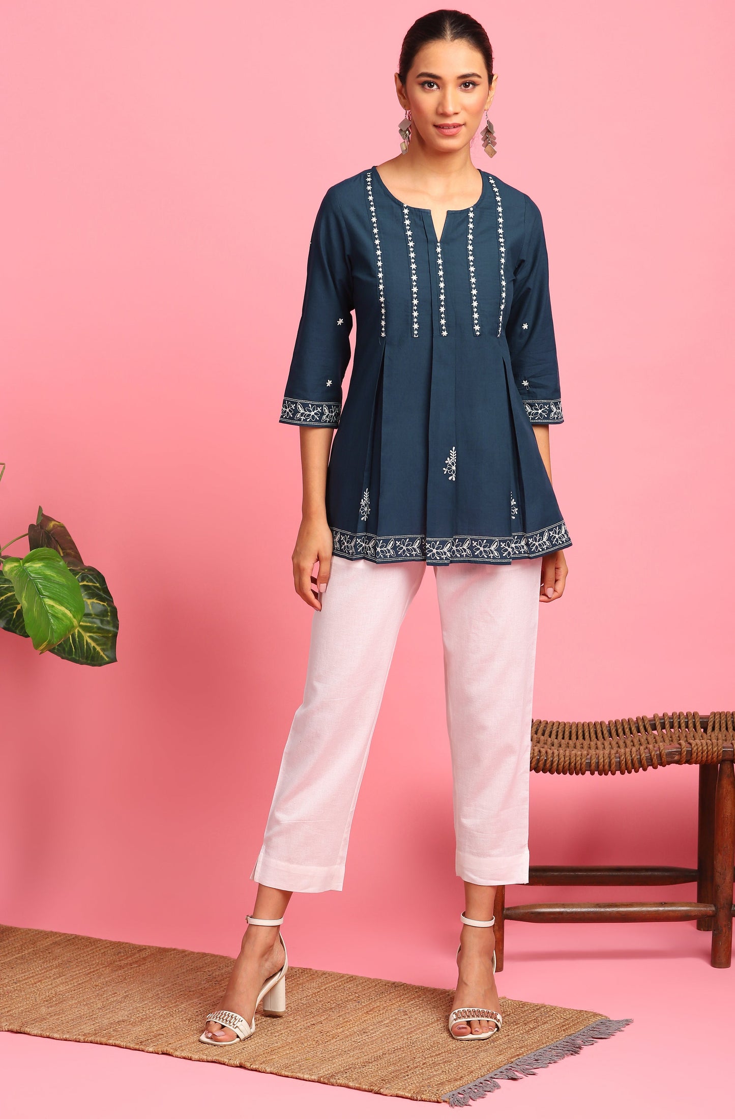 Janasya Women's Navy Blue Cotton Embroidered Trapeze Tunic | Swadesiicart