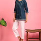 Janasya Women's Navy Blue Cotton Embroidered Trapeze Tunic | Swadesiicart