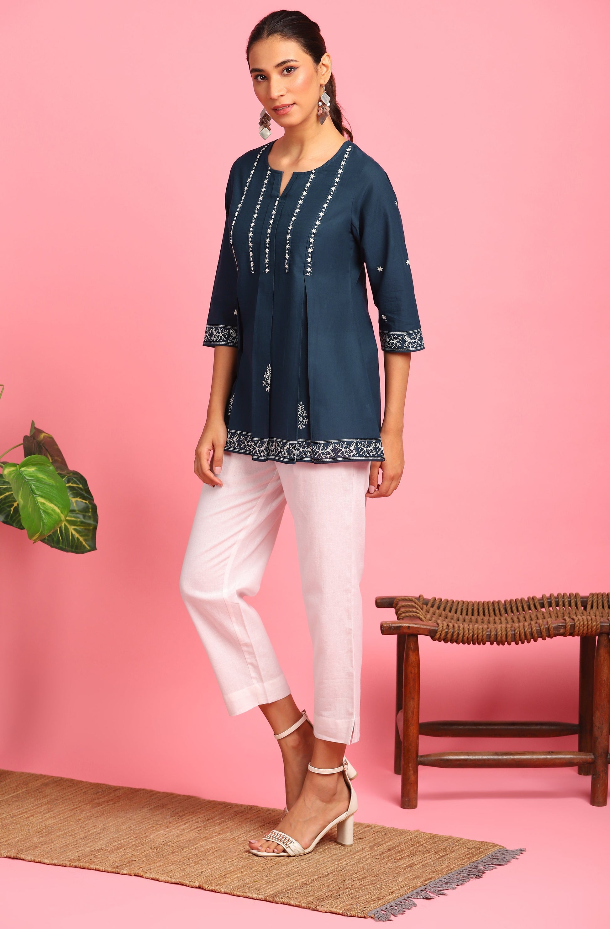 Janasya Women's Navy Blue Cotton Embroidered Trapeze Tunic | Swadesiicart