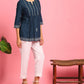 Janasya Women's Navy Blue Cotton Embroidered Trapeze Tunic | Swadesiicart