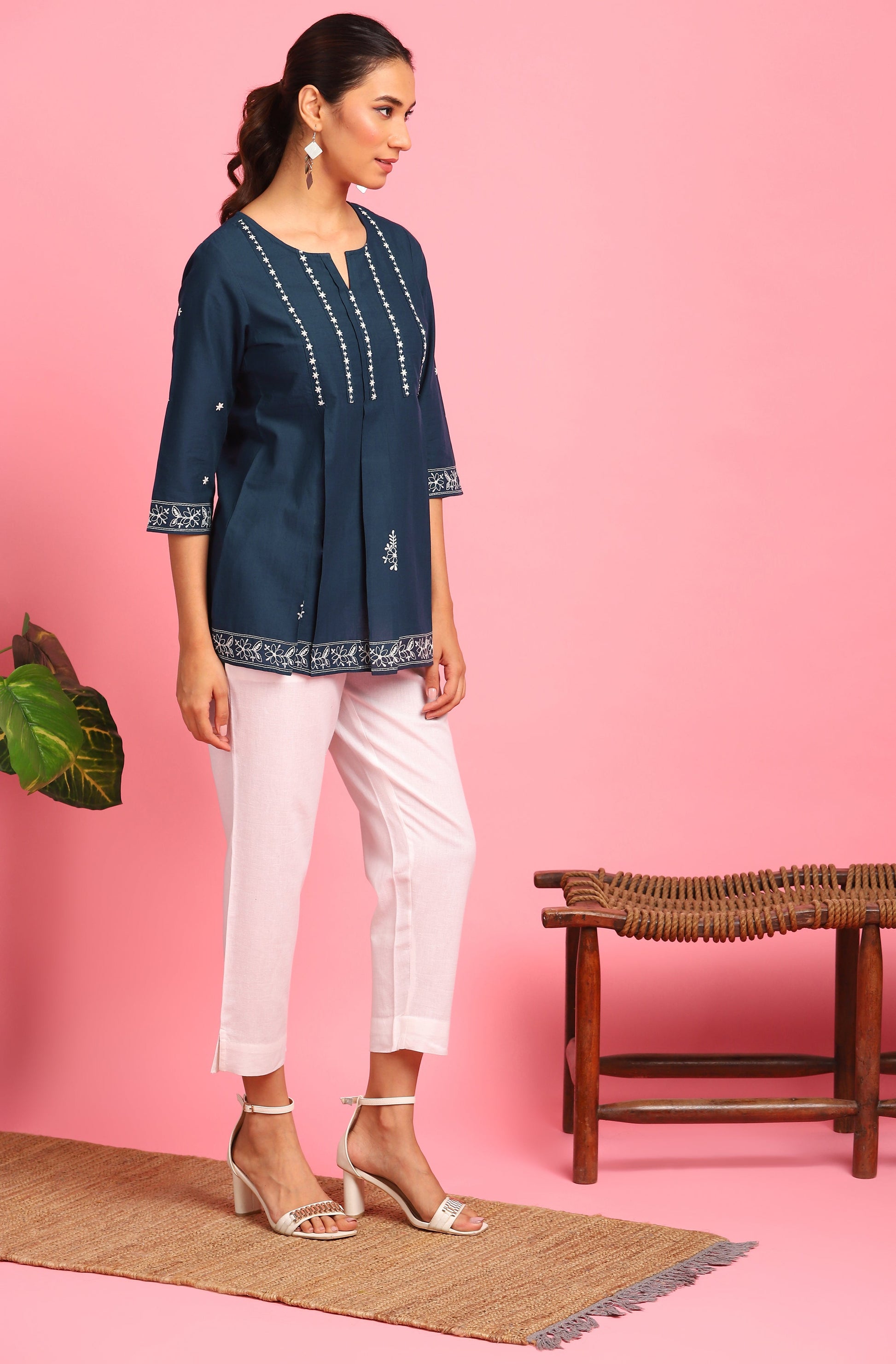 Janasya Women's Navy Blue Cotton Embroidered Trapeze Tunic | Swadesiicart