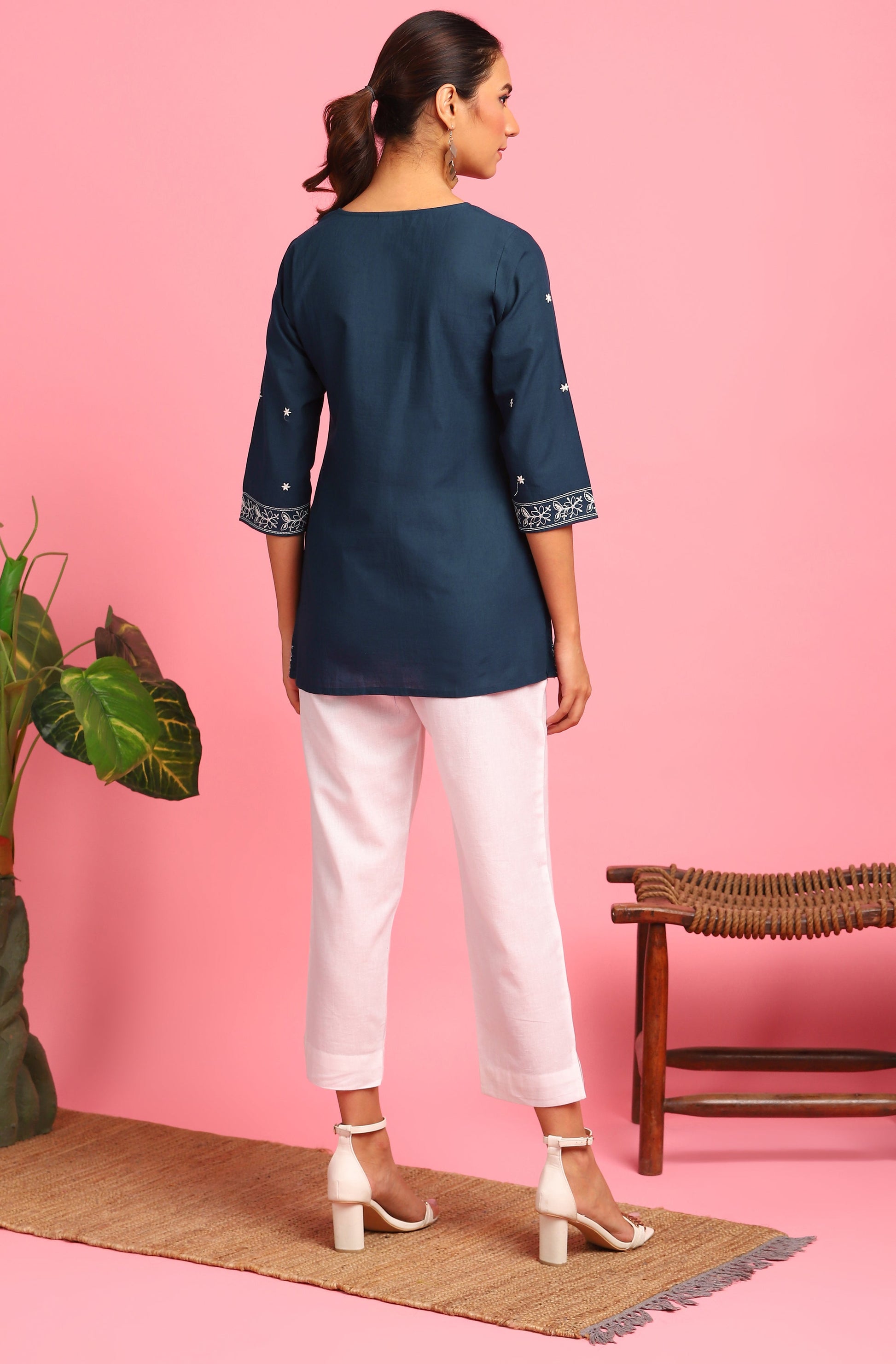 Janasya Women's Navy Blue Cotton Embroidered Trapeze Tunic | Swadesiicart