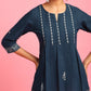 Janasya Women's Navy Blue Cotton Embroidered Trapeze Tunic | Swadesiicart
