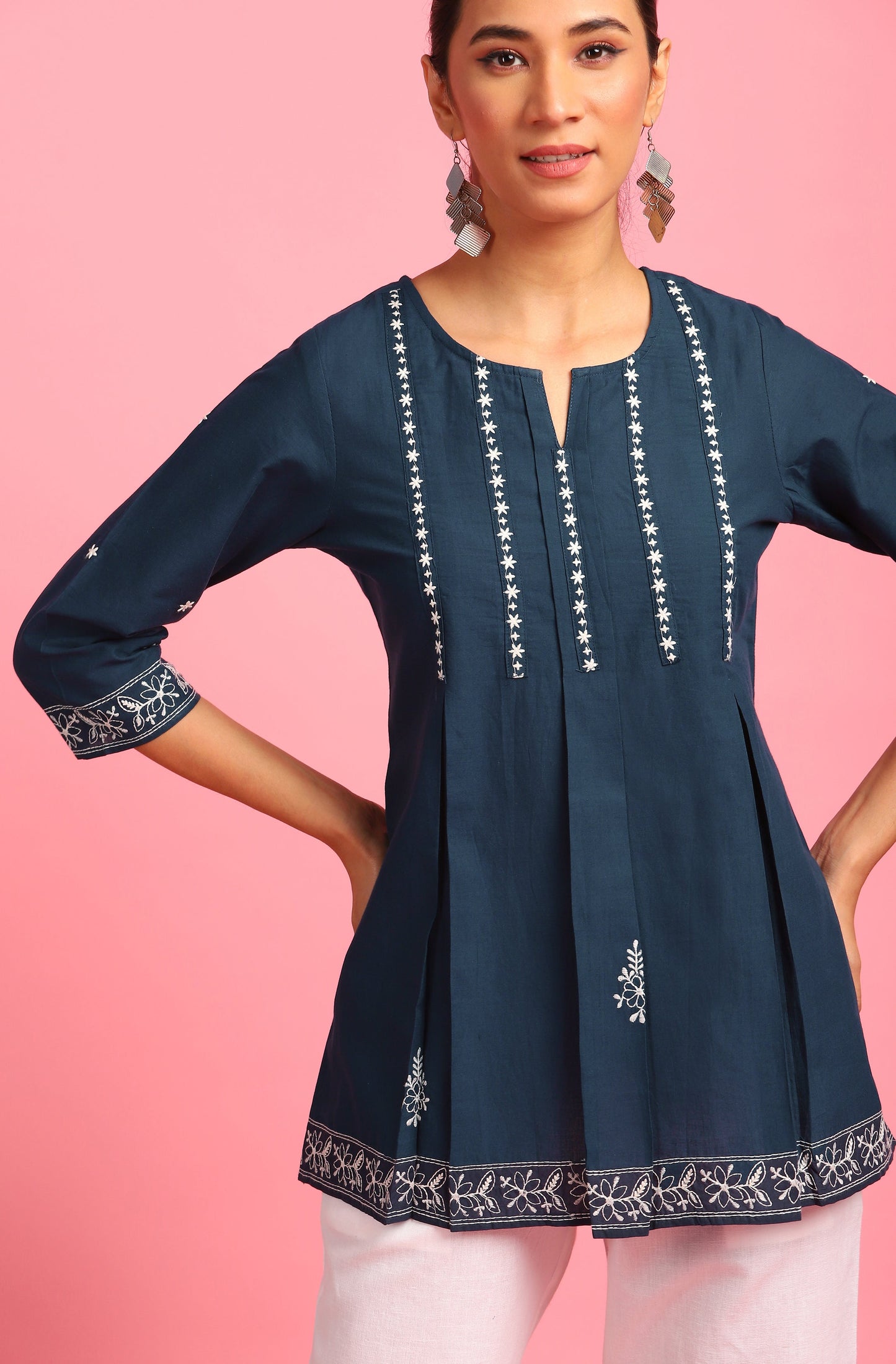 Janasya Women's Navy Blue Cotton Embroidered Trapeze Tunic | Swadesiicart