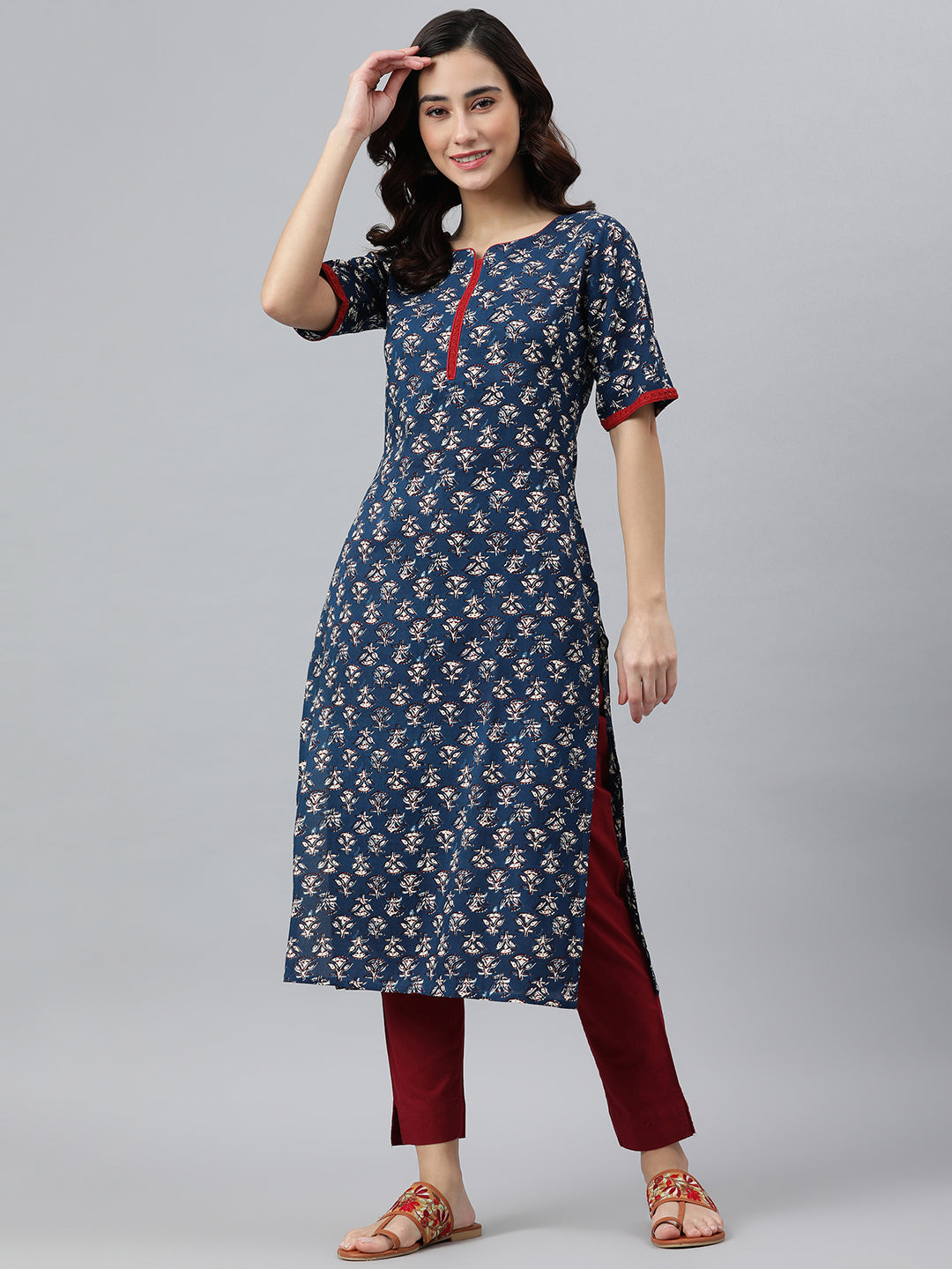 Janasya Women's Blue Rayon Floral Printed Casual Straight kurta | Swadesiicart