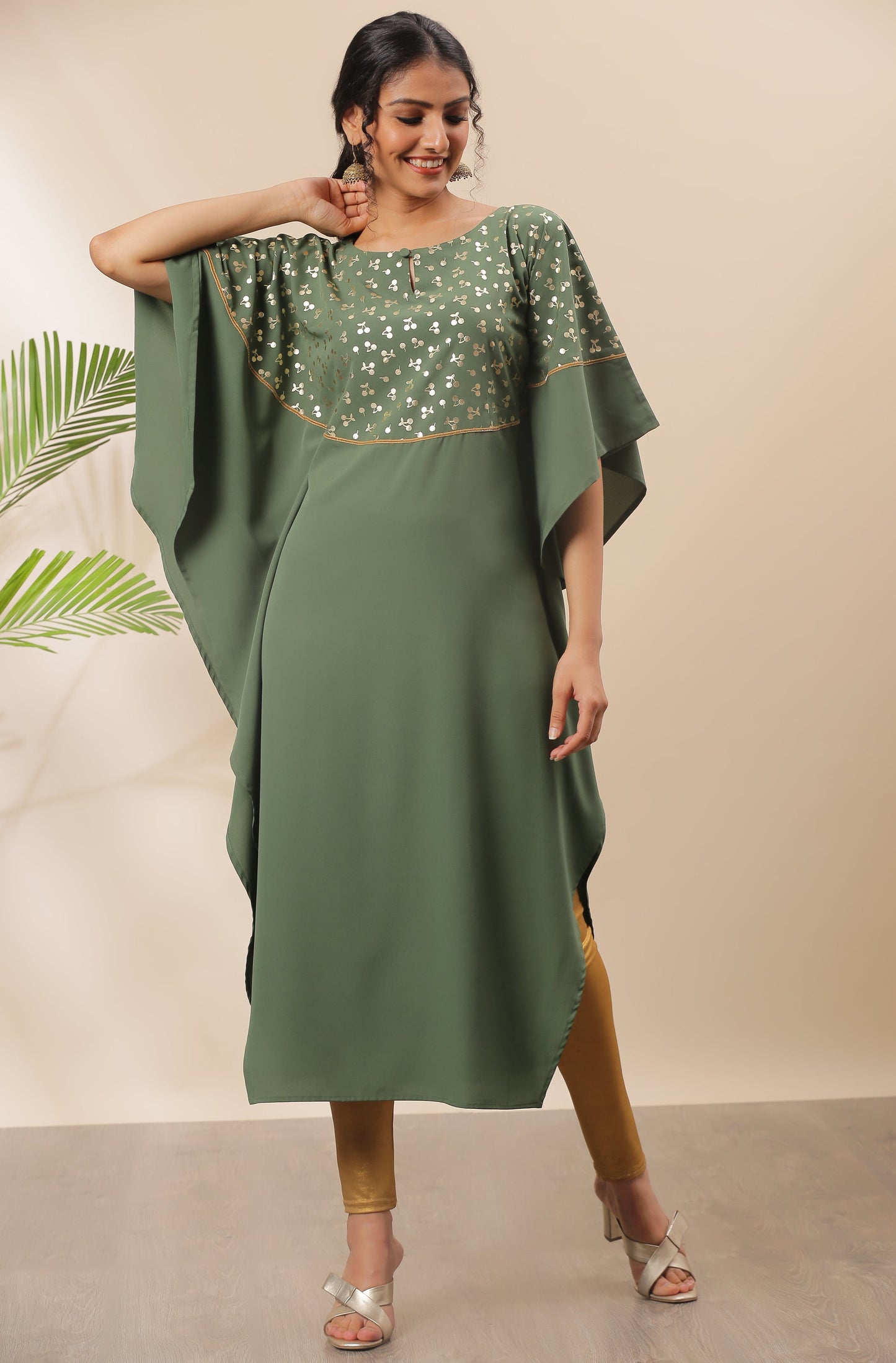 Janasya Green Poly Crepe Foil Print Kaftan kurta - Swadesiicart