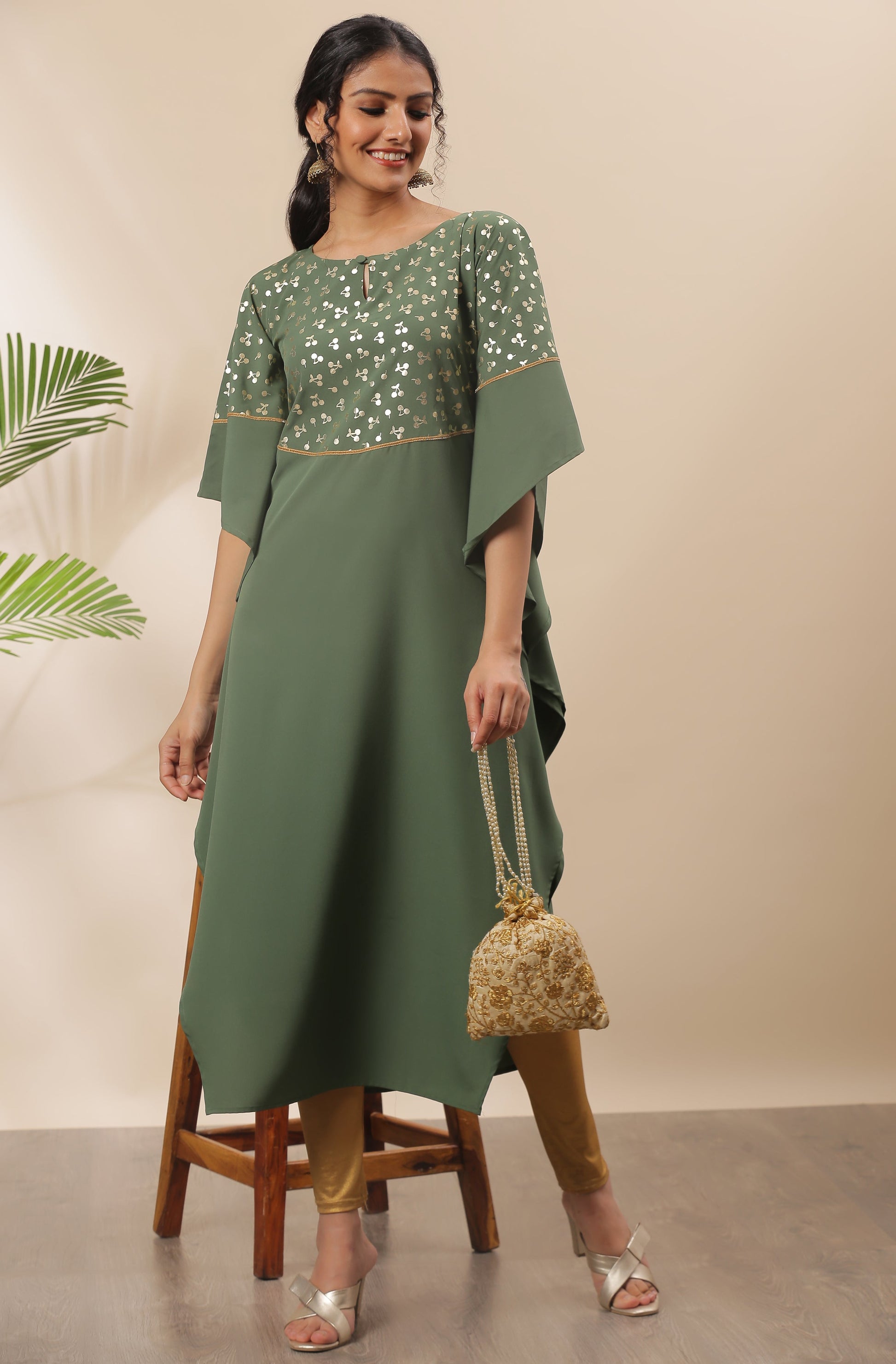 Janasya Green Poly Crepe Foil Print Kaftan kurta - Swadesiicart