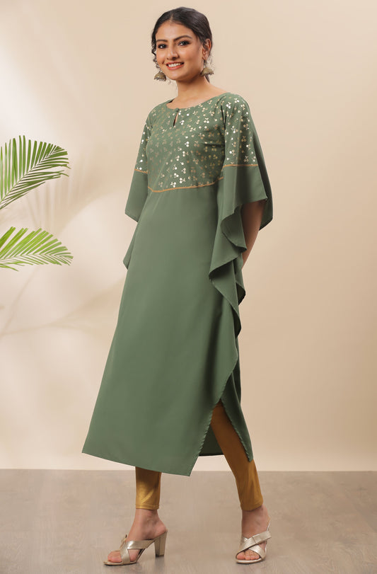 Janasya Green Poly Crepe Foil Print Kaftan kurta - Swadesiicart