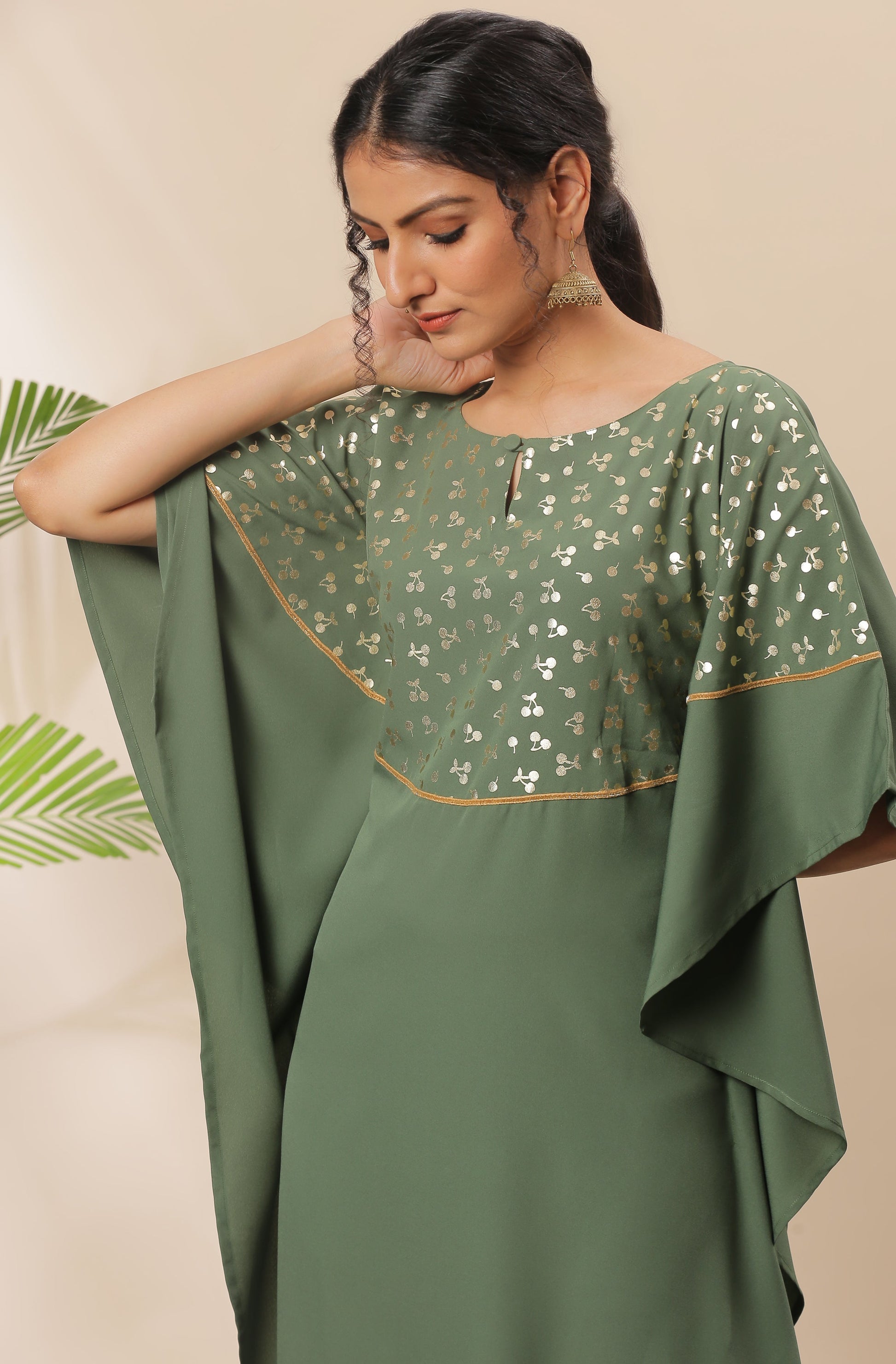 Janasya Green Poly Crepe Foil Print Kaftan kurta - Swadesiicart