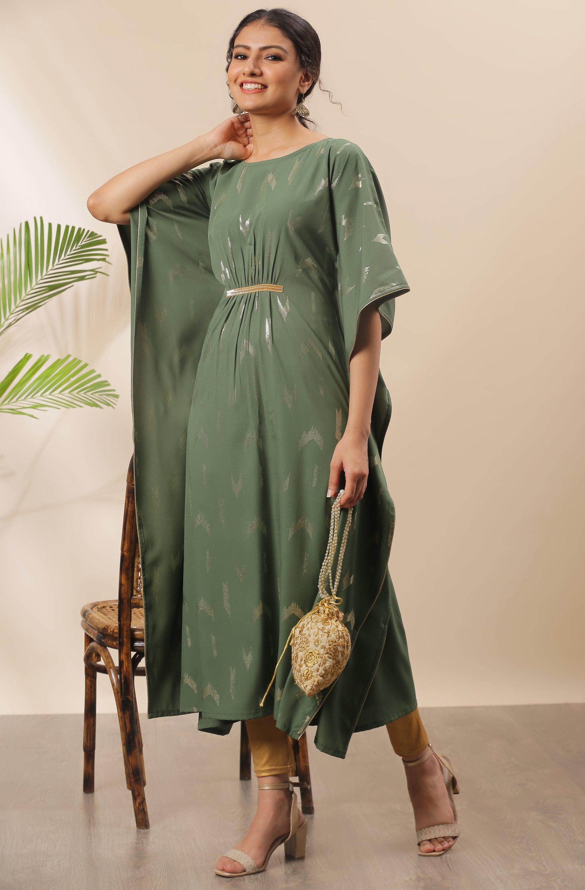 Janasya Green Poly Crepe Geometric Print Kaftan kurta | Swadesiicart