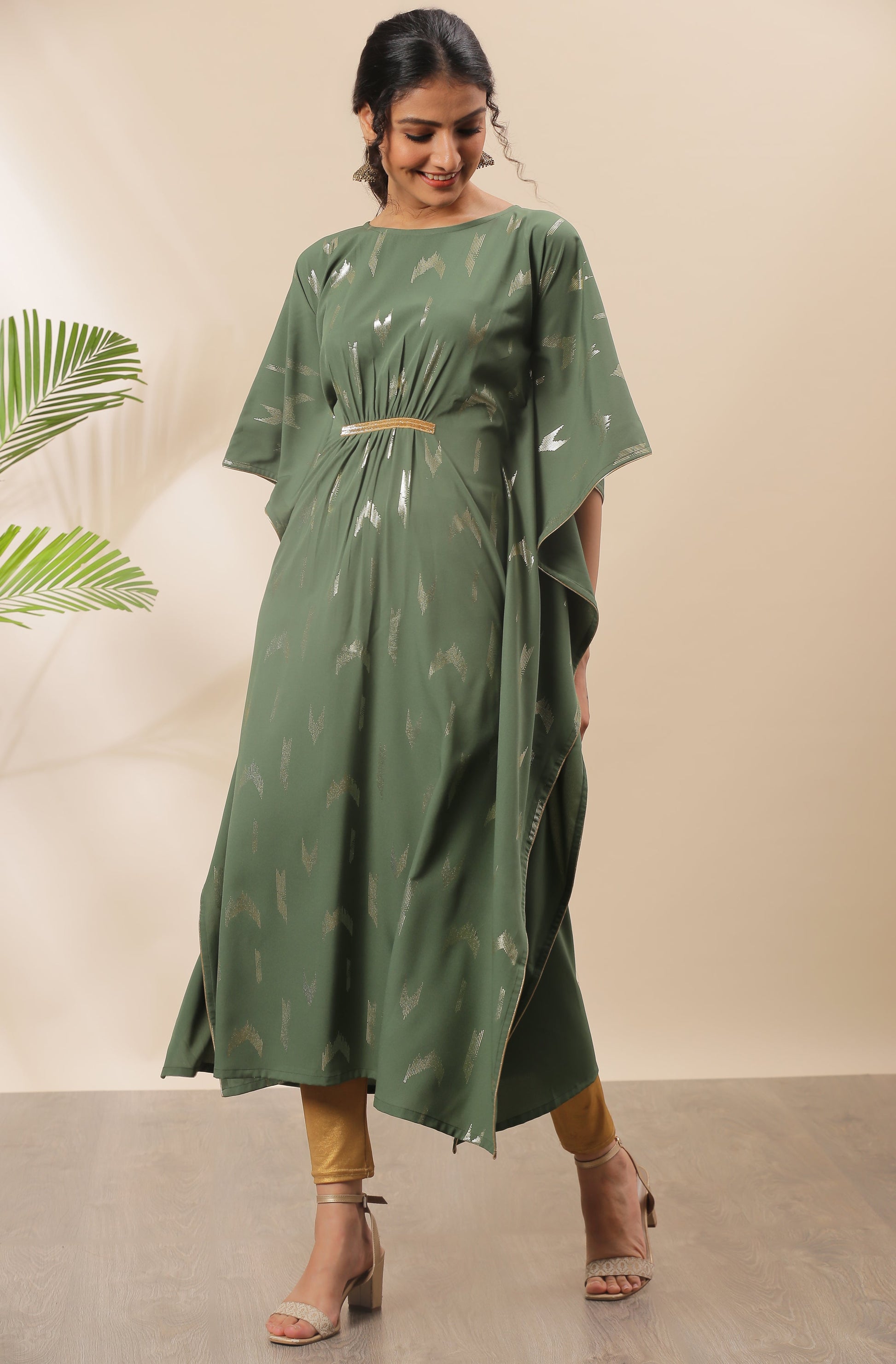 Janasya Green Poly Crepe Geometric Print Kaftan kurta | Swadesiicart