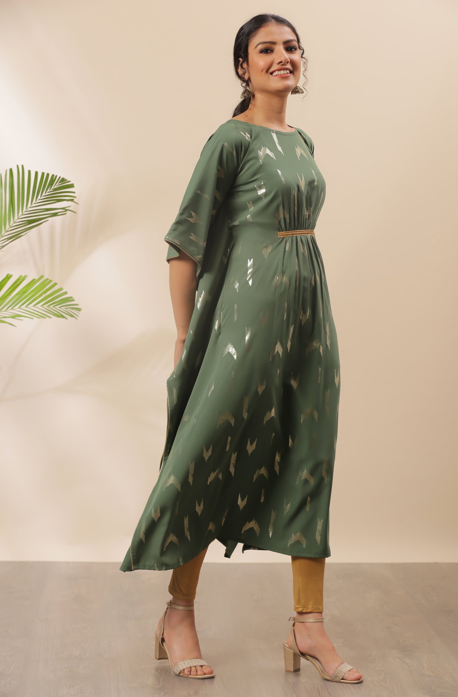 Janasya Green Poly Crepe Geometric Print Kaftan kurta | Swadesiicart