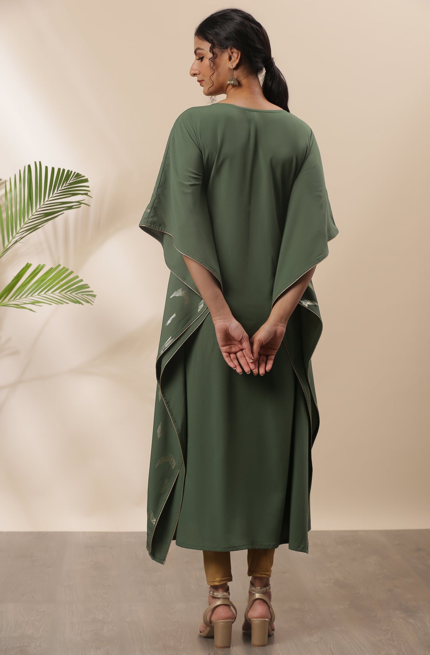 Janasya Green Poly Crepe Geometric Print Kaftan kurta | Swadesiicart