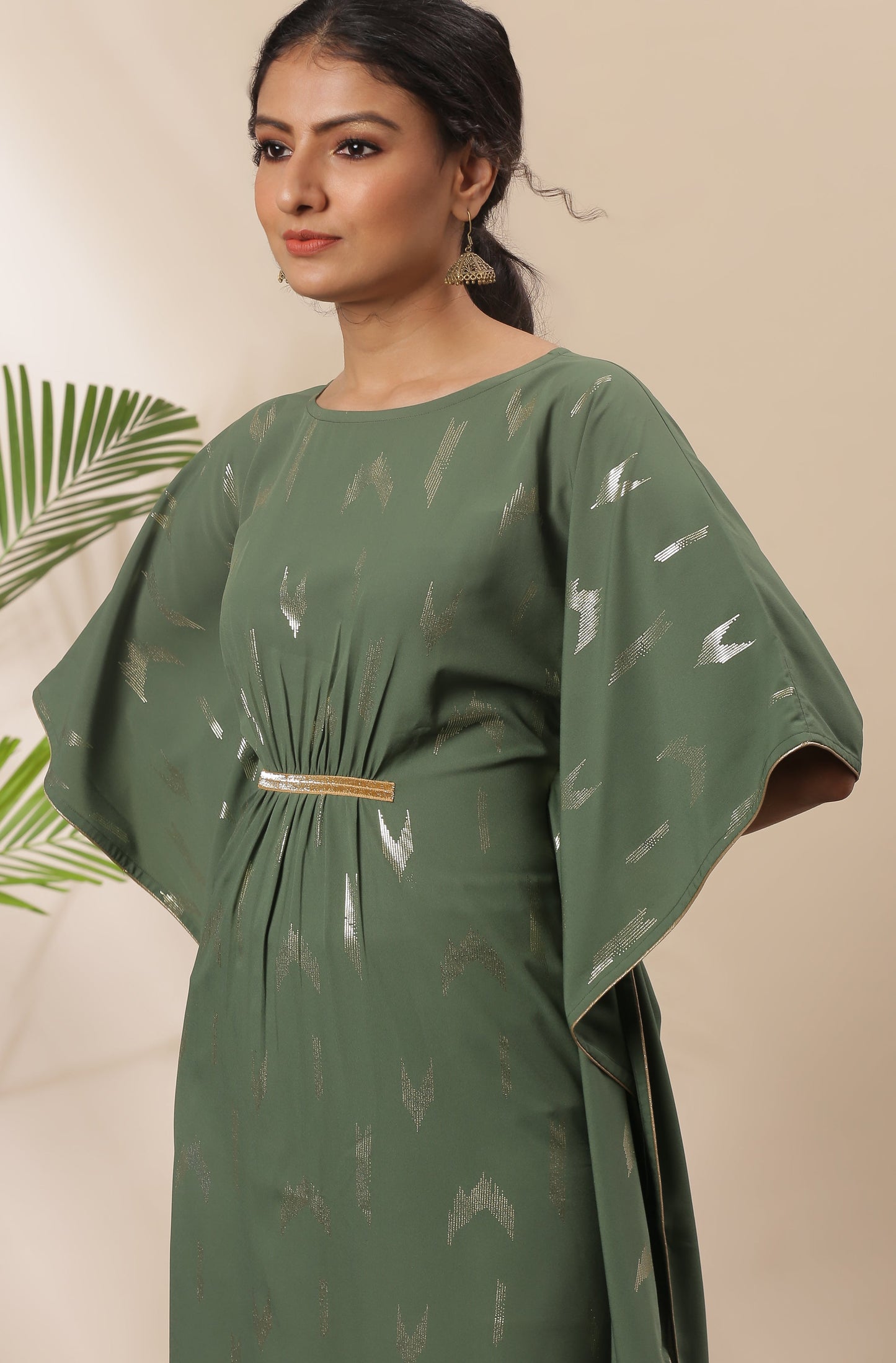 Janasya Green Poly Crepe Geometric Print Kaftan kurta | Swadesiicart