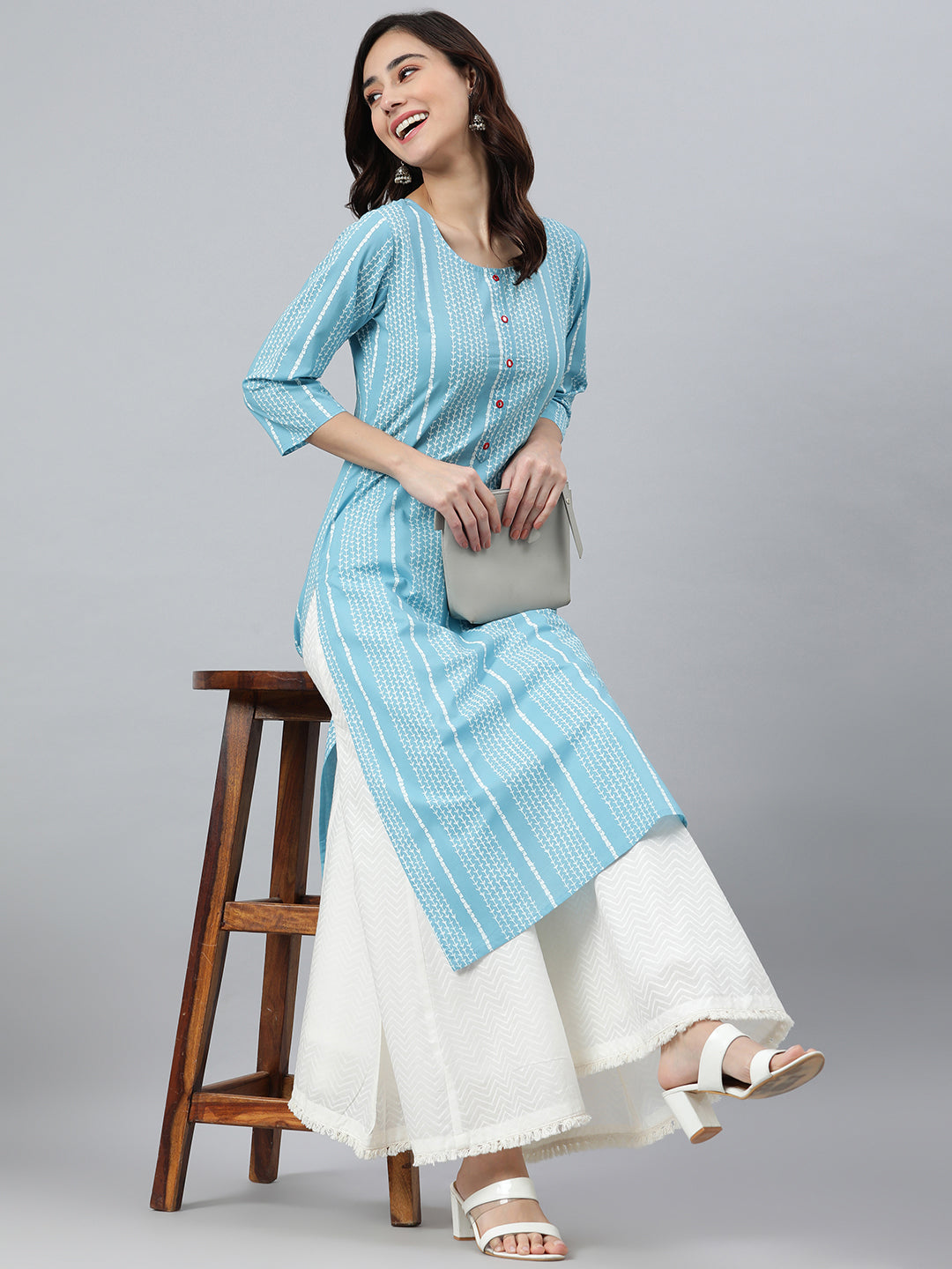 Indian Clothing Janasya Women's Blue Cotton Striped Casual Straight kurta - Swadesiicart