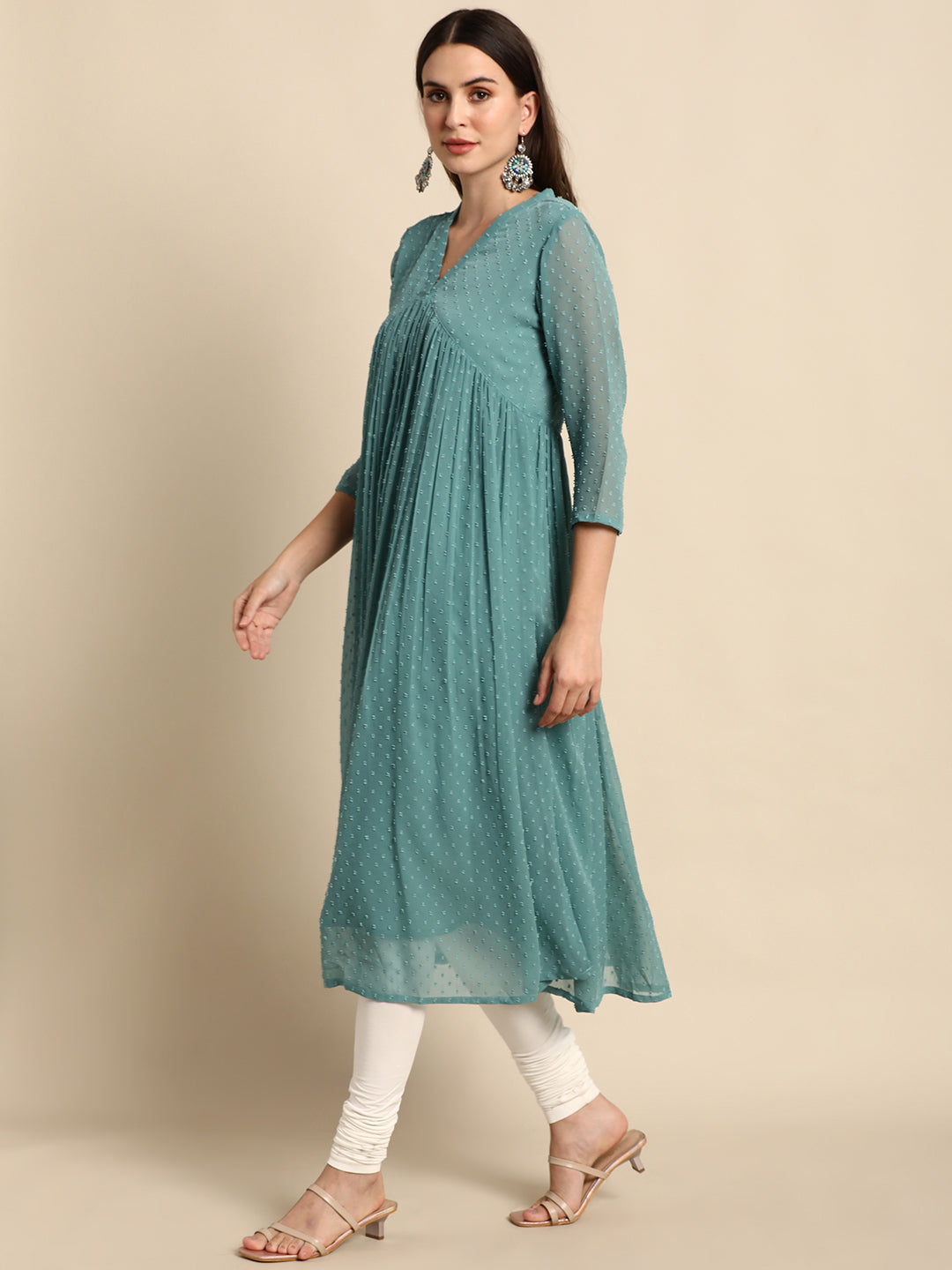 Indian Clothing Janasya Women's Green Poly Chiffon Self Design Casual Flared kurta - Swadesiicart