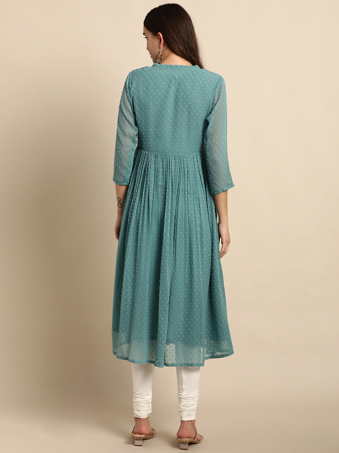 Indian Clothing Janasya Women's Green Poly Chiffon Self Design Casual Flared kurta - Swadesiicart