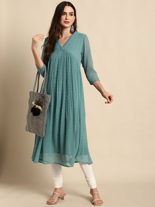 Janasya Women's Green Poly Chiffon Self Design Flared Western Dress | Swadesiicart