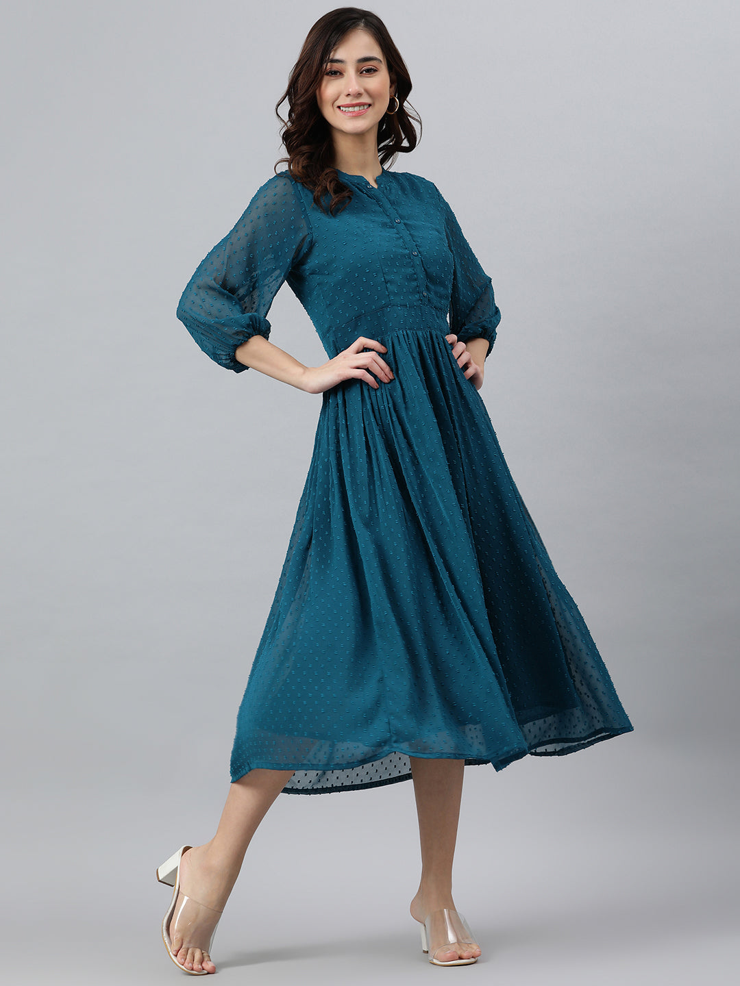 Janasya Women's Teal Poly Chiffon Self Design Flared Western Dress | Swadesiicart