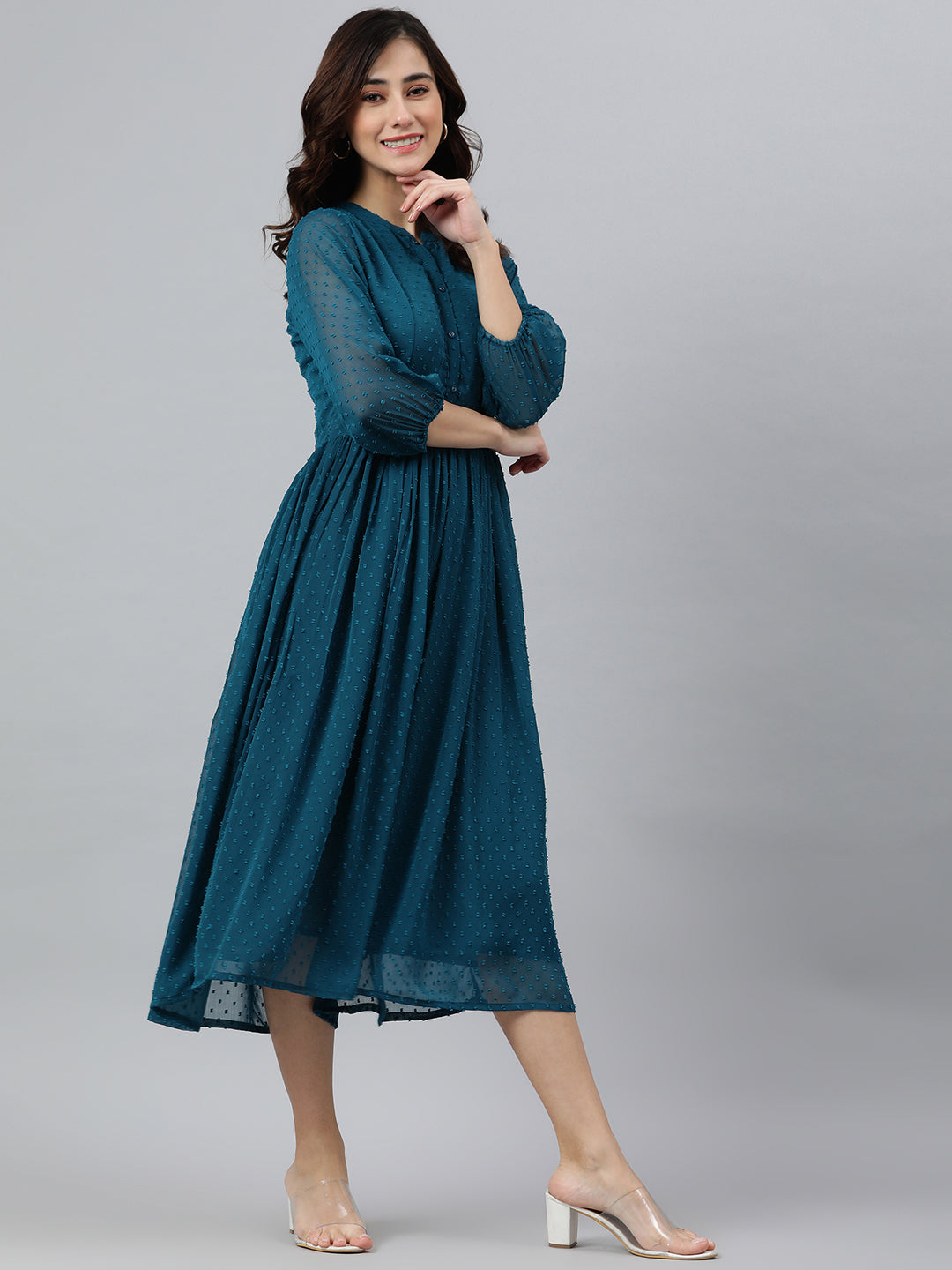Janasya Women's Teal Poly Chiffon Self Design Flared Western Dress | Swadesiicart
