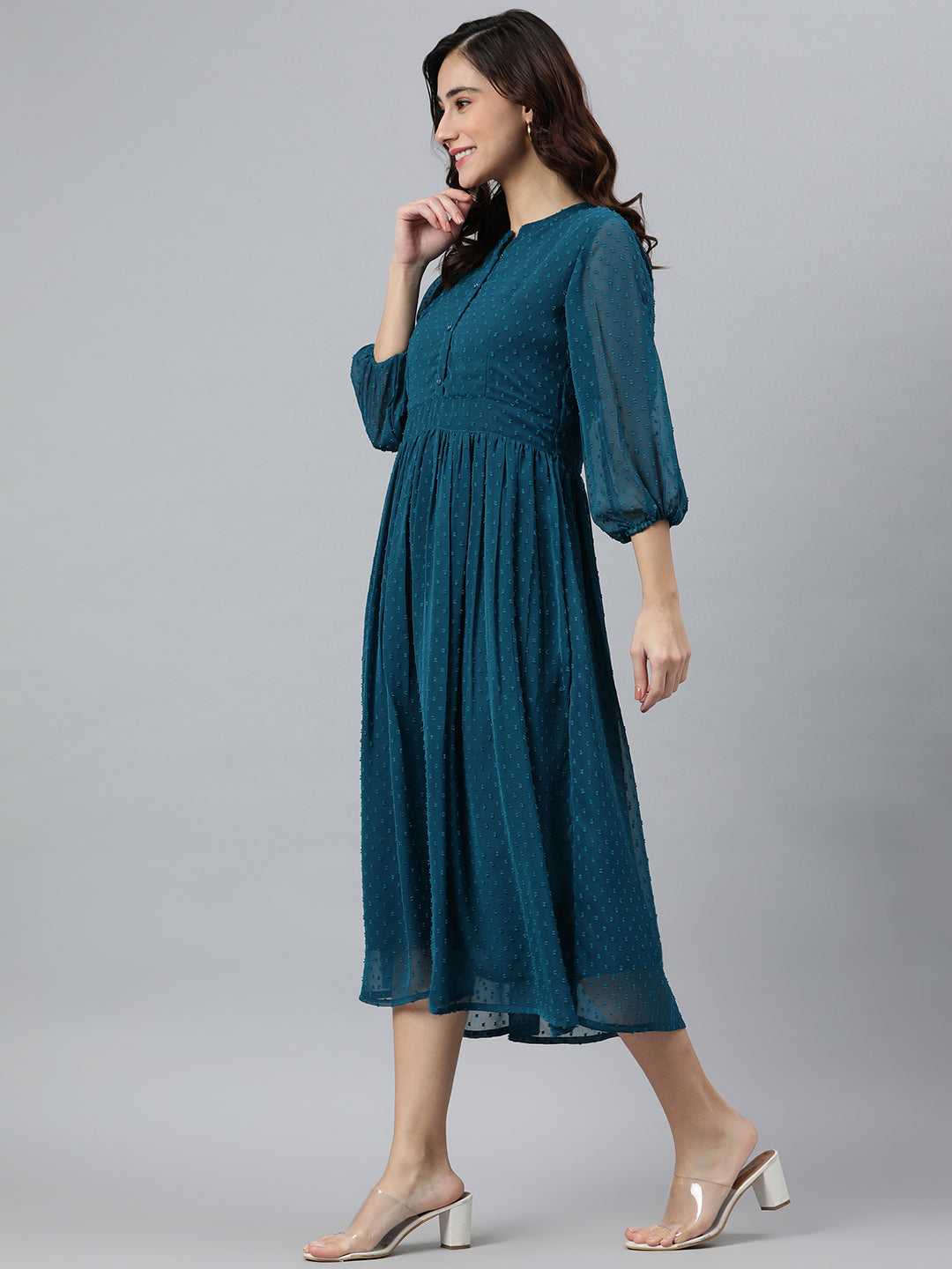 Janasya Women's Teal Poly Chiffon Self Design Flared Western Dress | Swadesiicart