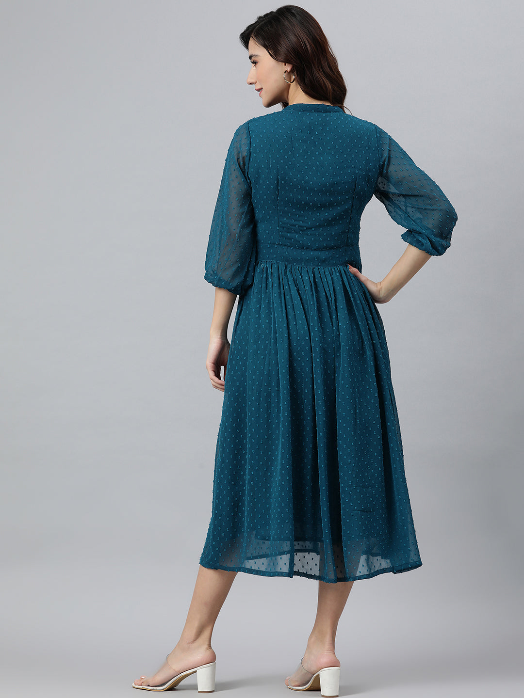 Janasya Women's Teal Poly Chiffon Self Design Flared Western Dress | Swadesiicart